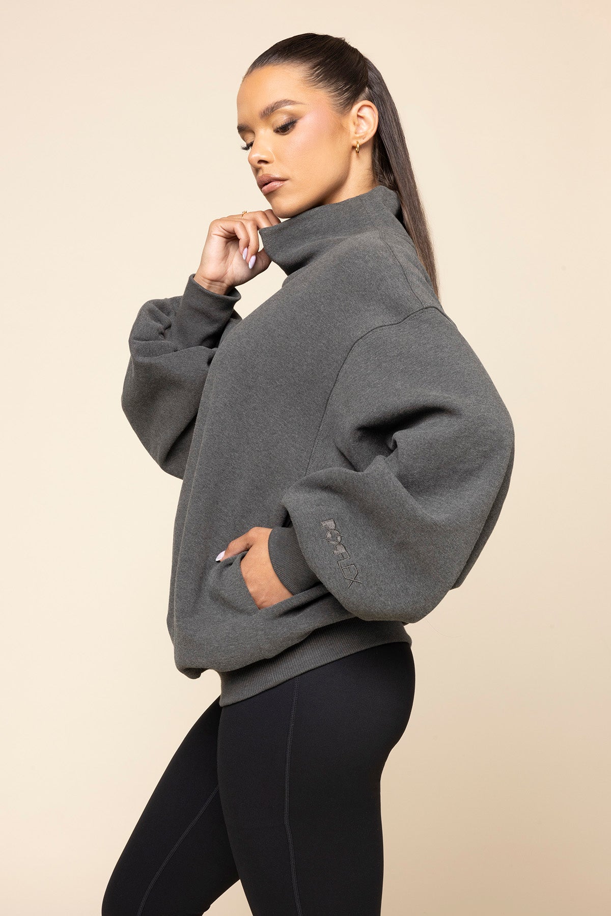 Ooey Gooey Mockneck Sweatshirt with Pockets - Charcoal Heather Shipping Discount Authentic