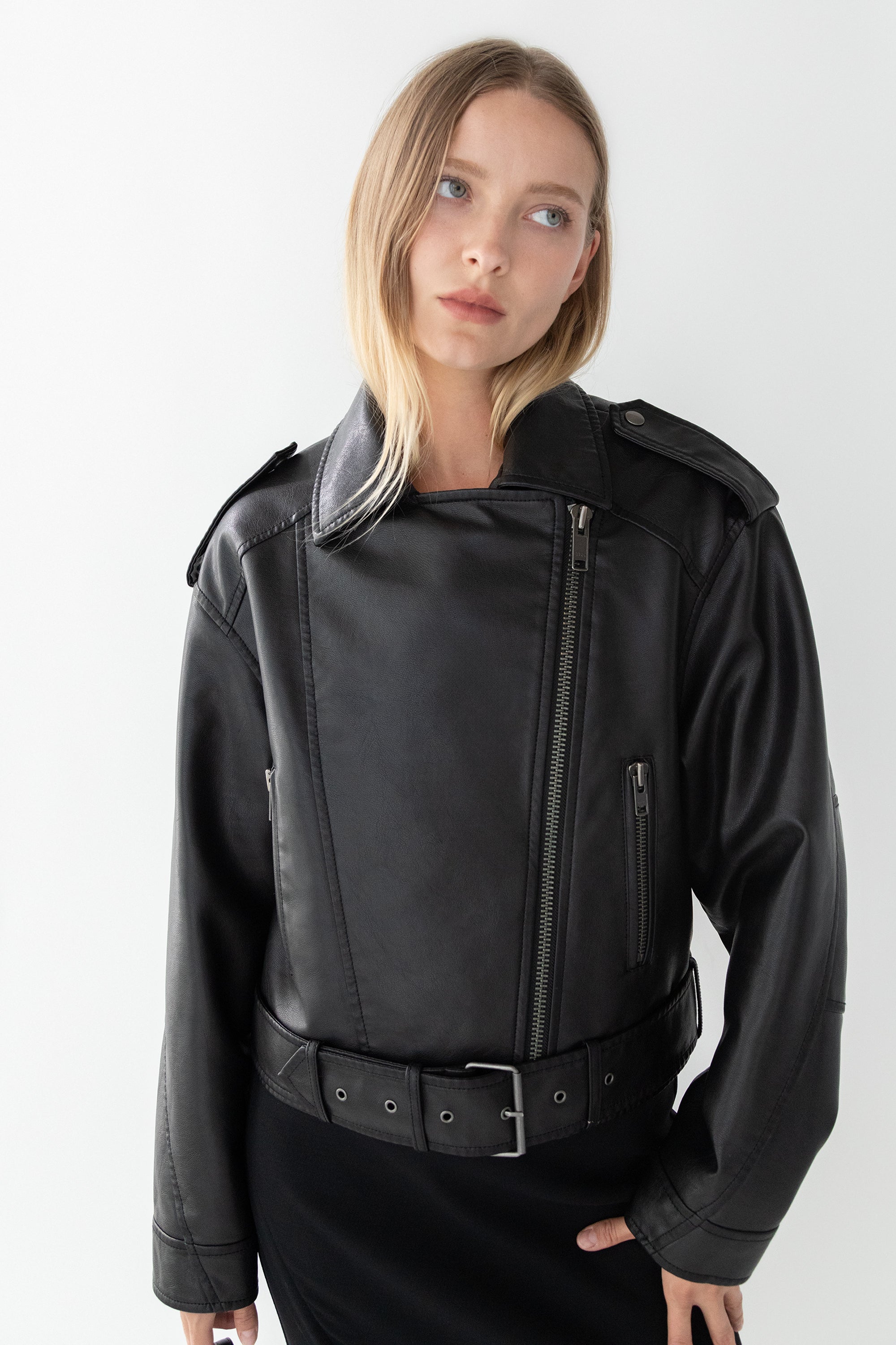 CROPPED VEGAN LEATHER MOTO JACKET With Mastercard