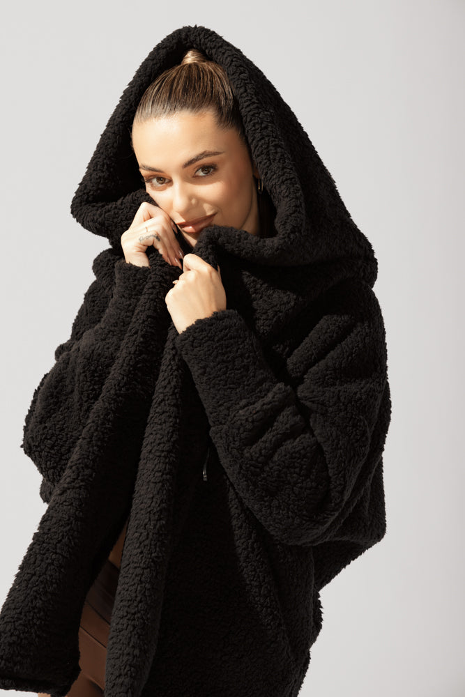 Faux Sherpa Cocoon Coat - Black Original Cheap Online