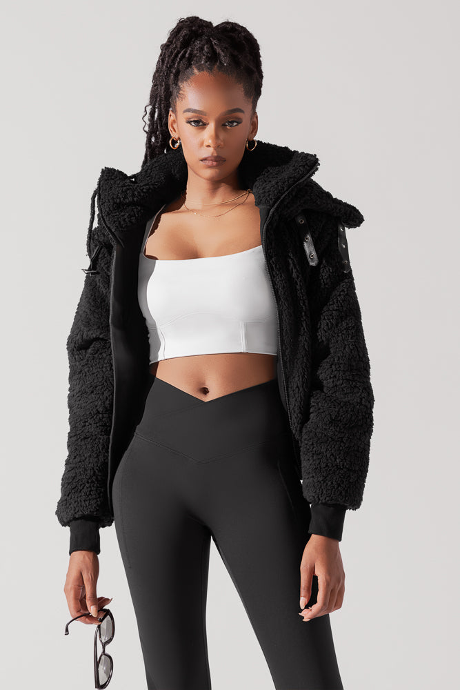 The Kinsley Bomber Jacket in Faux Sherpa - Black Free Shipping Outlet Store