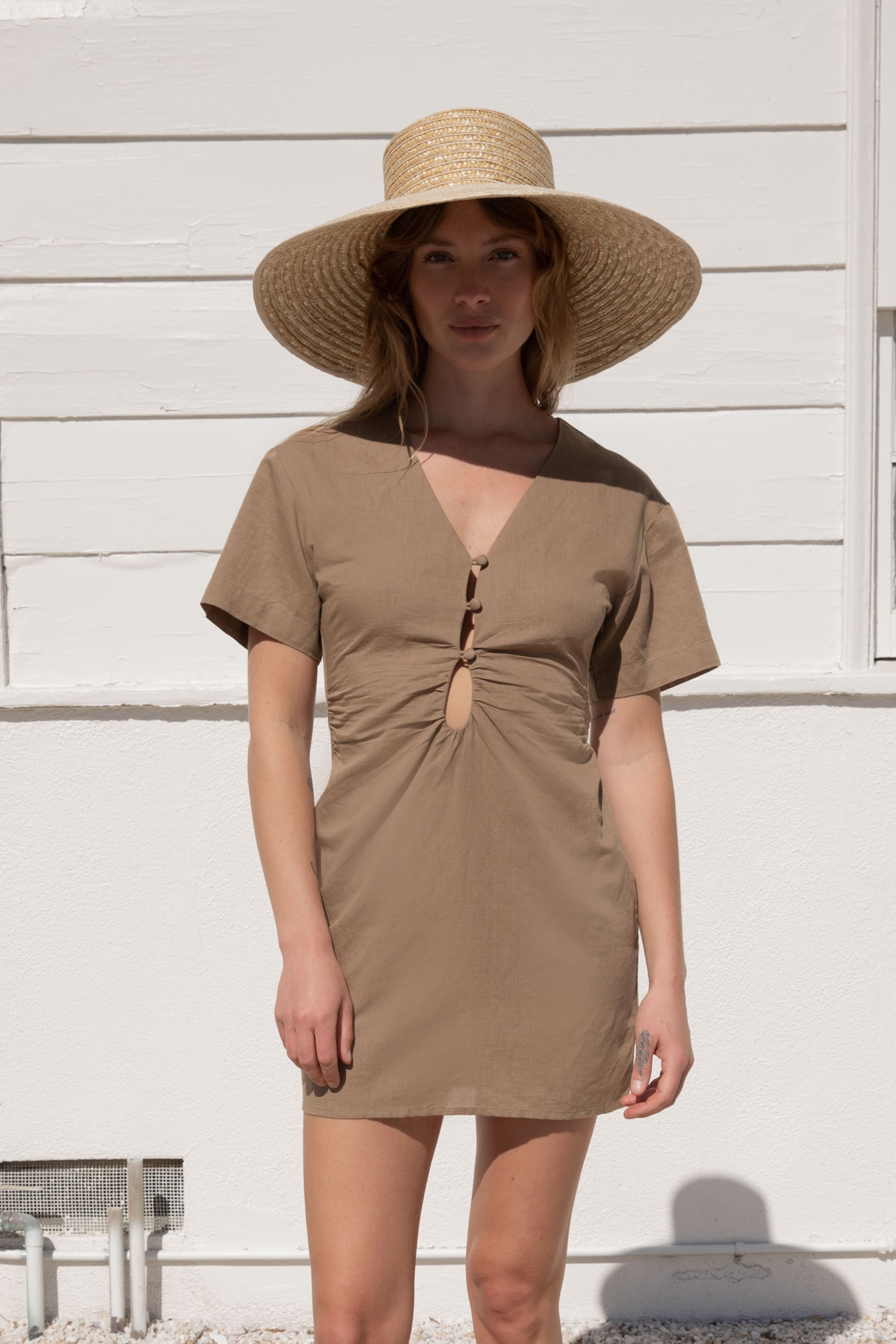 LINEN BLEND MINI DRESS WITH FRONT CUTOUT Get To Buy Cheap Pice