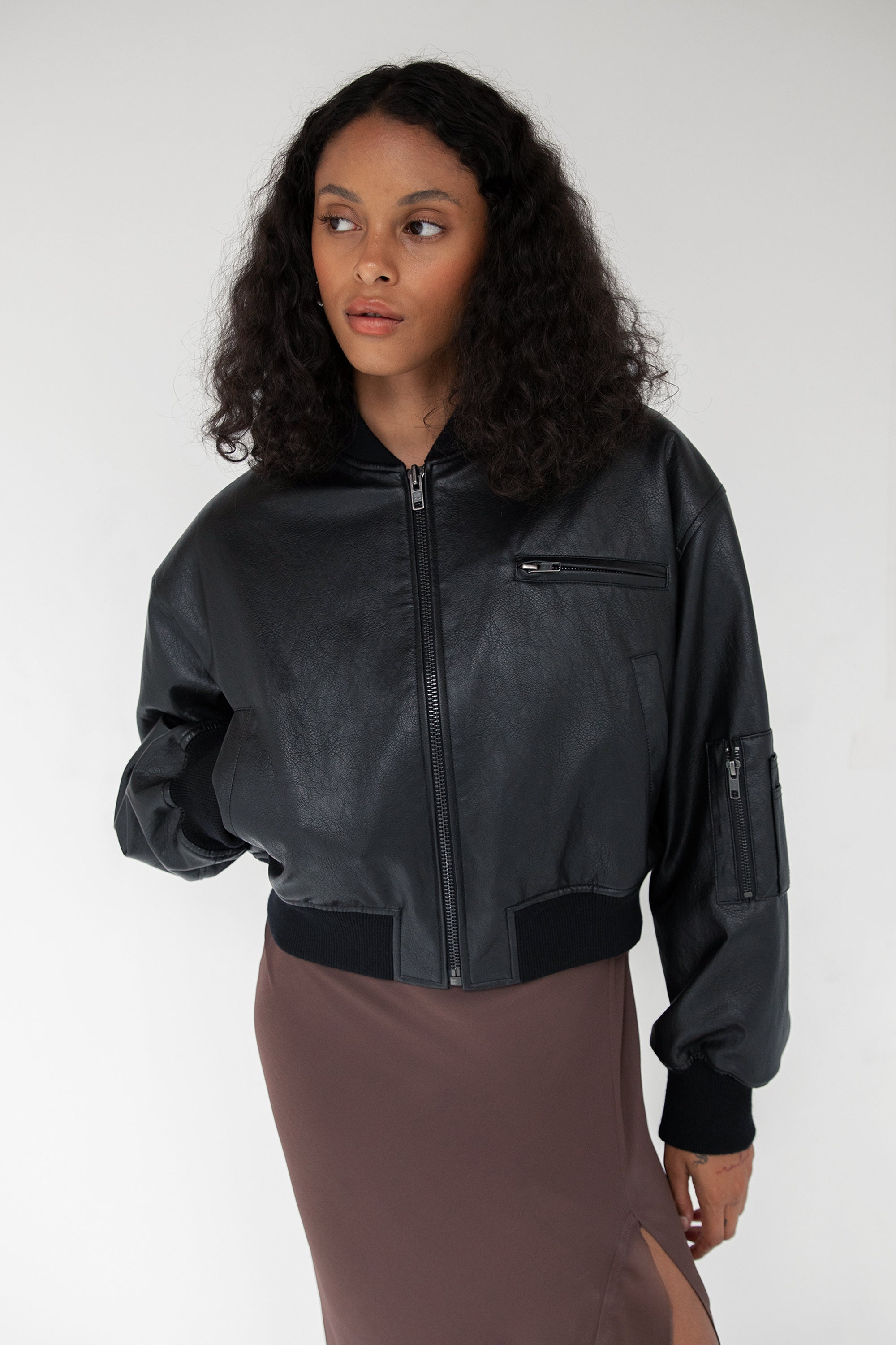 CROPPED VEGAN LEATHER BOMBER JACKET Cheap Pice Discount Authentic