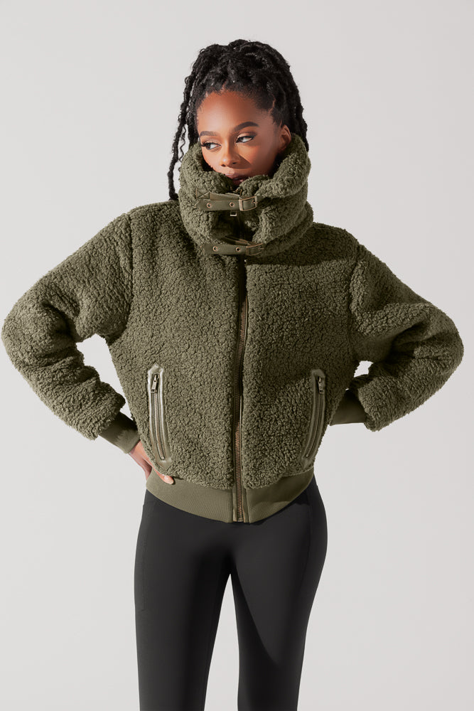 The Kinsley Bomber Jacket in Faux Sherpa - Olive Low Pice For Sale