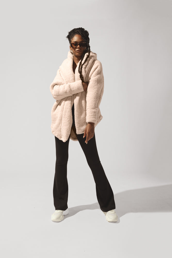 Faux Sherpa Cocoon Coat - Taupe For Sale Sale Online