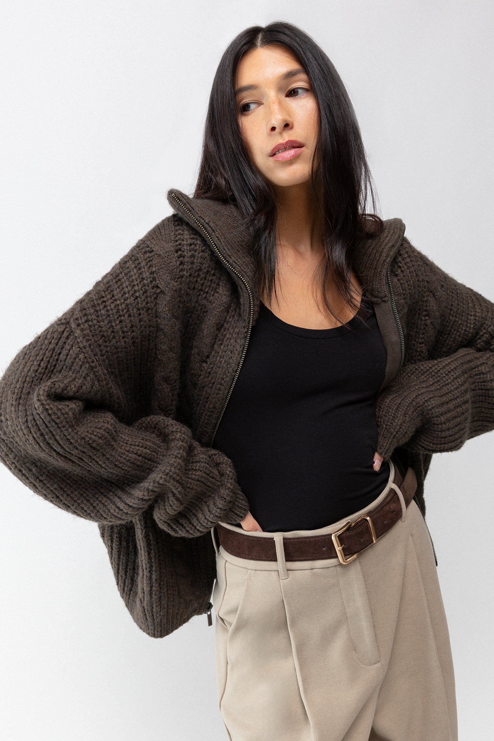 CABLE KNIT COLLARED CARDIGAN Free Shipping Clearance Store