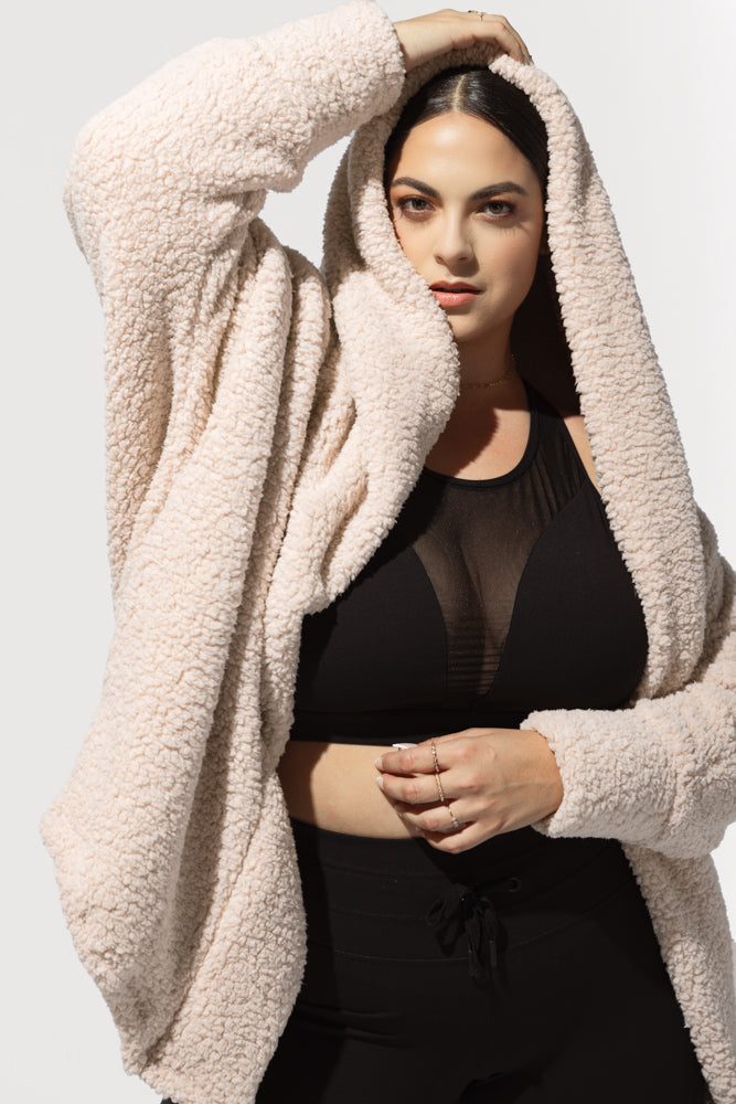 Faux Sherpa Cocoon Coat - Taupe For Sale Sale Online