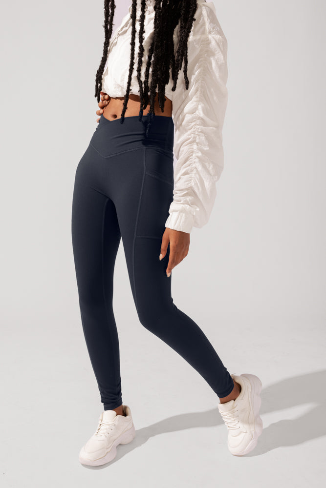 Crisscross Hourglass Leggings with Pockets - Smoky Navy Looking For Sale Online