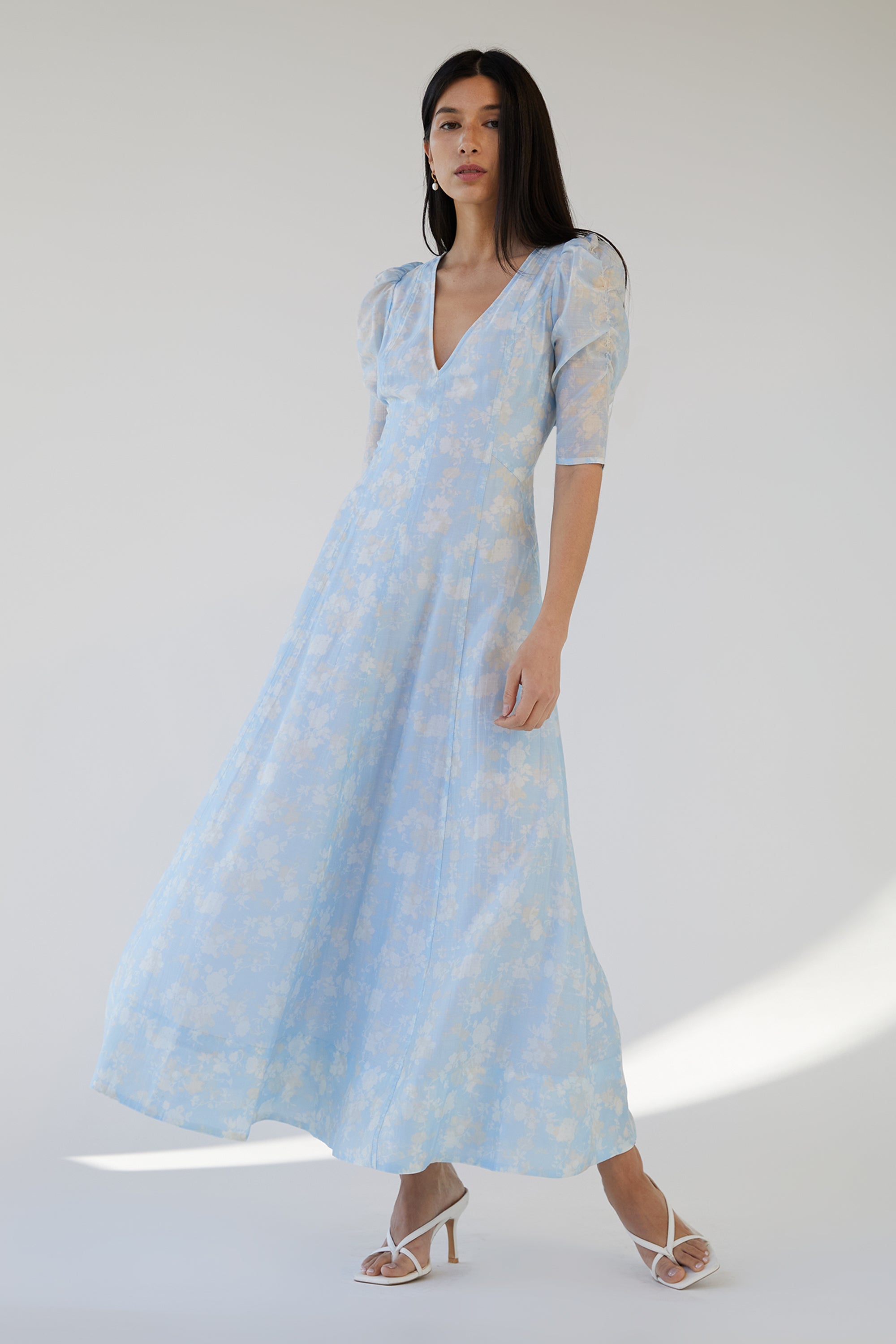 V-NECK PUFF SLEEVE FLORAL MAXI DRESS Sast