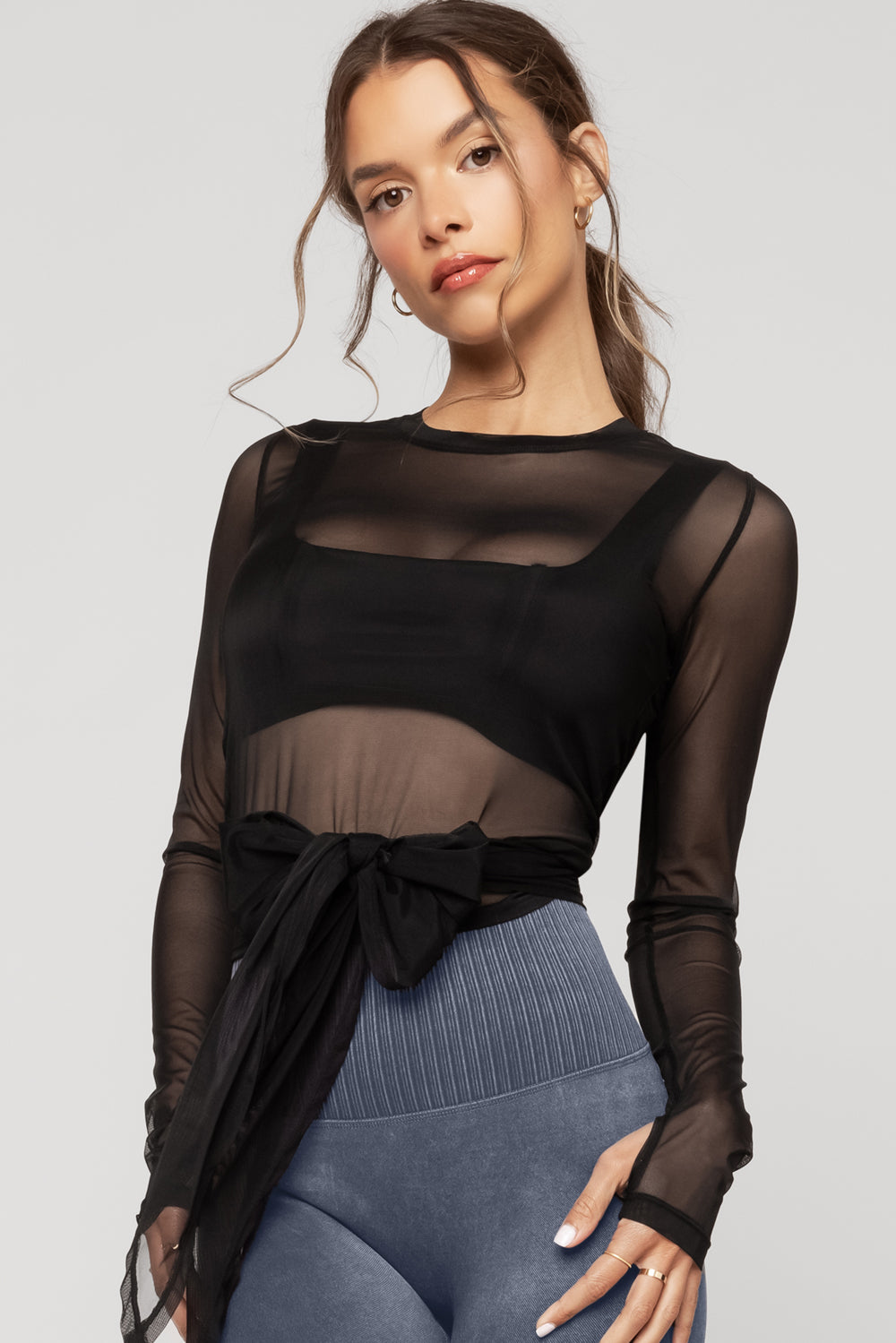 Bow Back Long Sleeve Mesh Top - Black Countdown Package Online