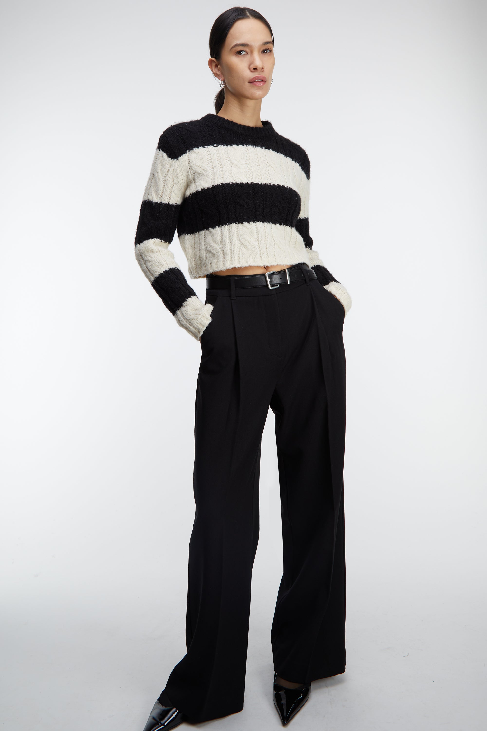 STRIPED CABLE KNIT CROPPED SWEATER Free Shipping Reliable