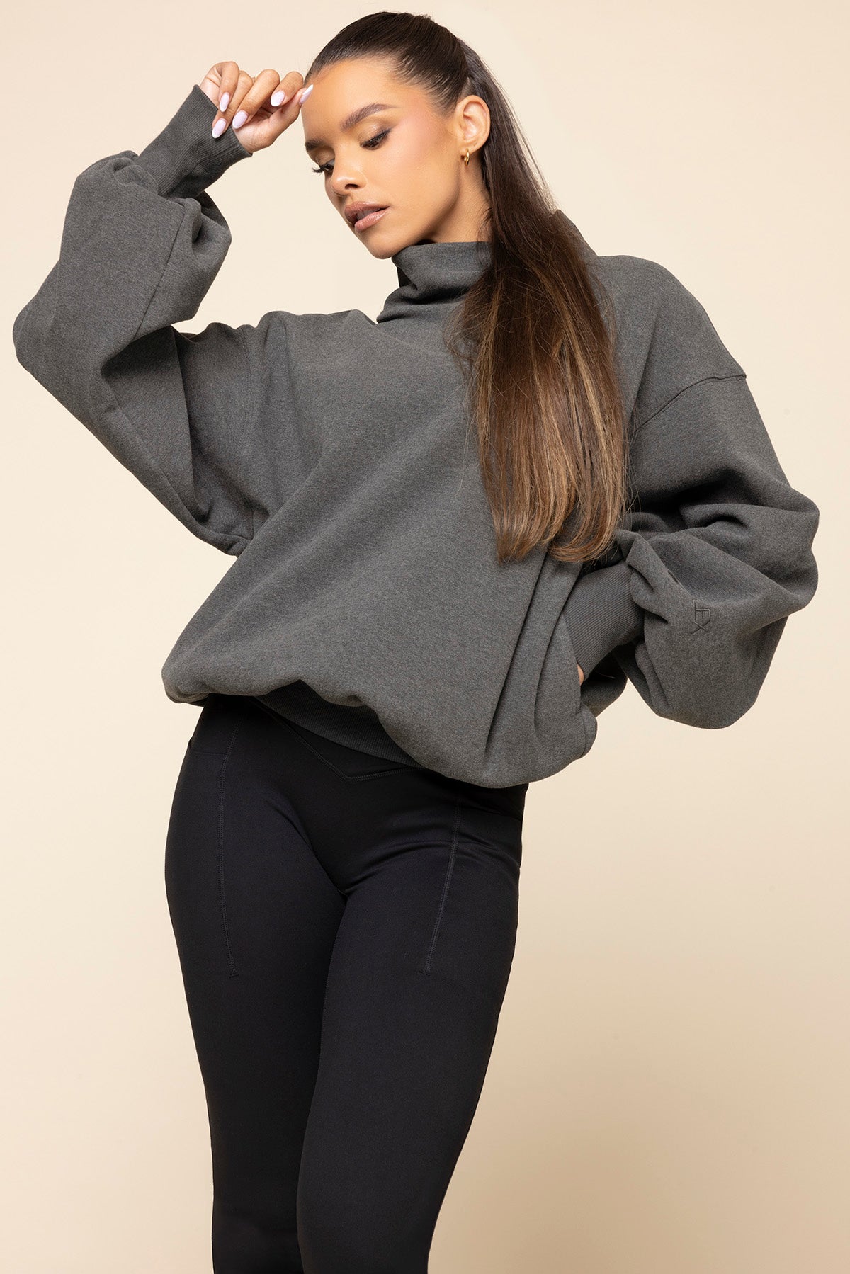 Ooey Gooey Mockneck Sweatshirt with Pockets - Charcoal Heather Shipping Discount Authentic