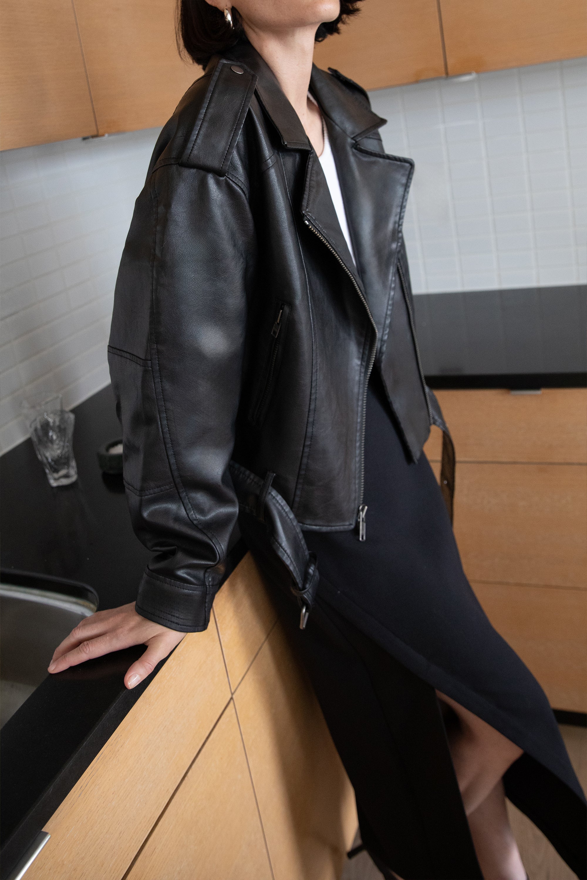 CROPPED VEGAN LEATHER MOTO JACKET With Mastercard