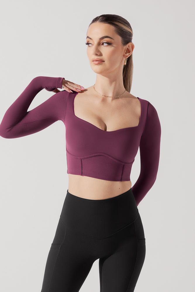 Sweetheart Long Sleeve Crop Top - Plum Top Quality Sale Online