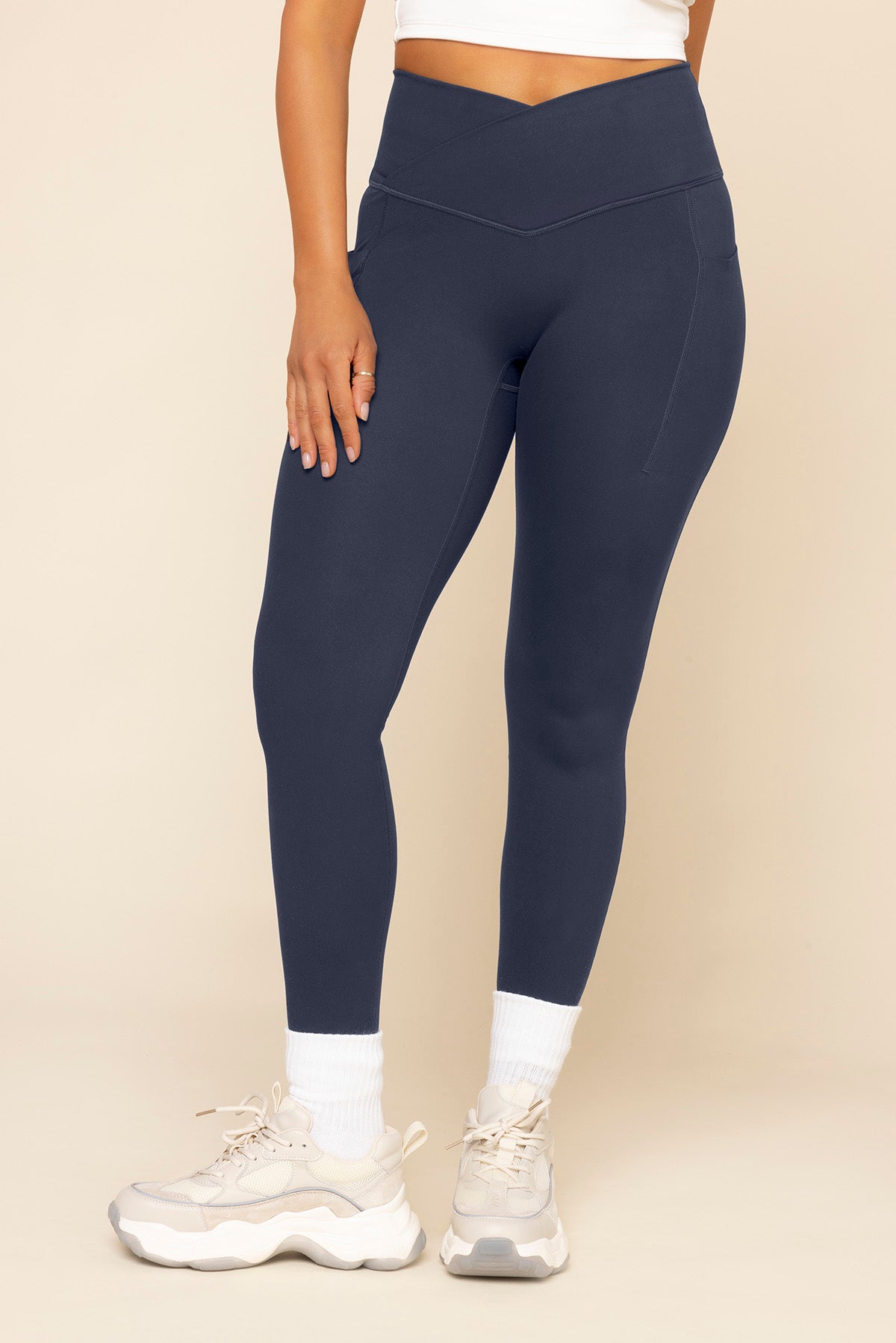 Crisscross Hourglass Leggings with Pockets - Cosmic Navy Clearance Fashionable