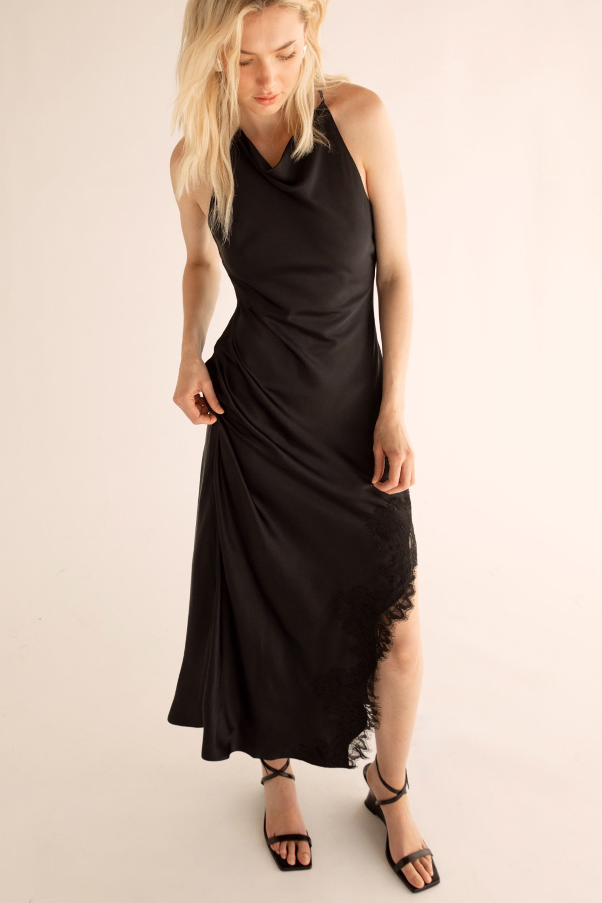 SATIN MAXI DRESS WITH LACE TRIM SLIT Cheap Low Pice