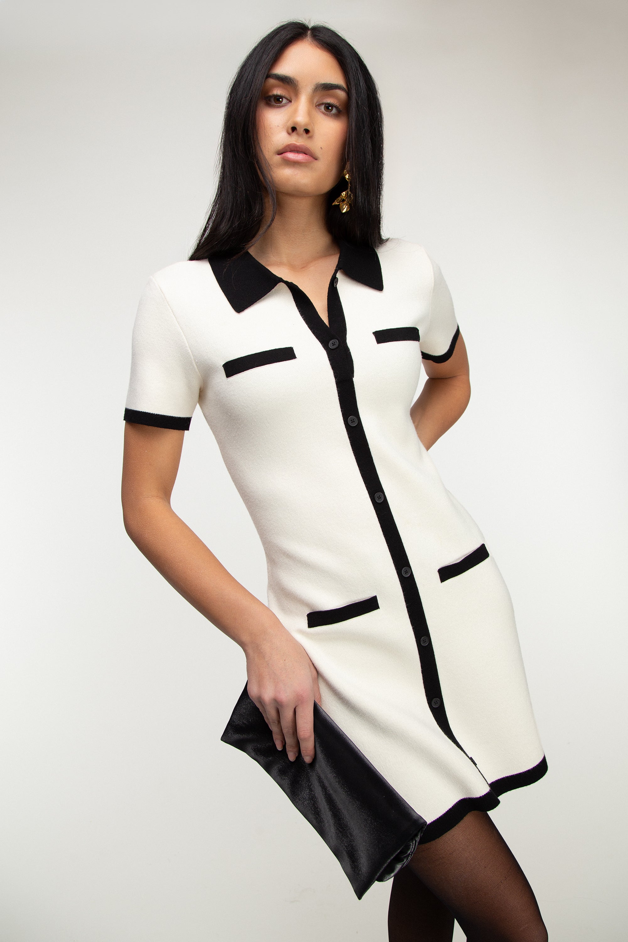 COLLARED CONTRAST TRIM KNIT MINI DRESS Cheapest Pice