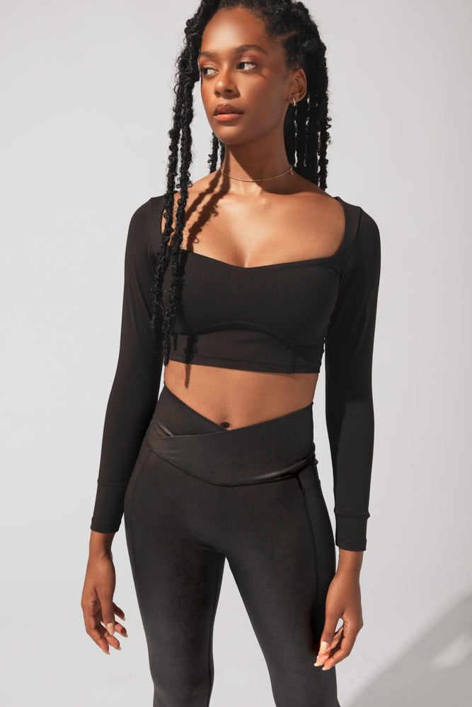 Sweetheart Long Sleeve Crop Top - Black Discount Brand New Unisex