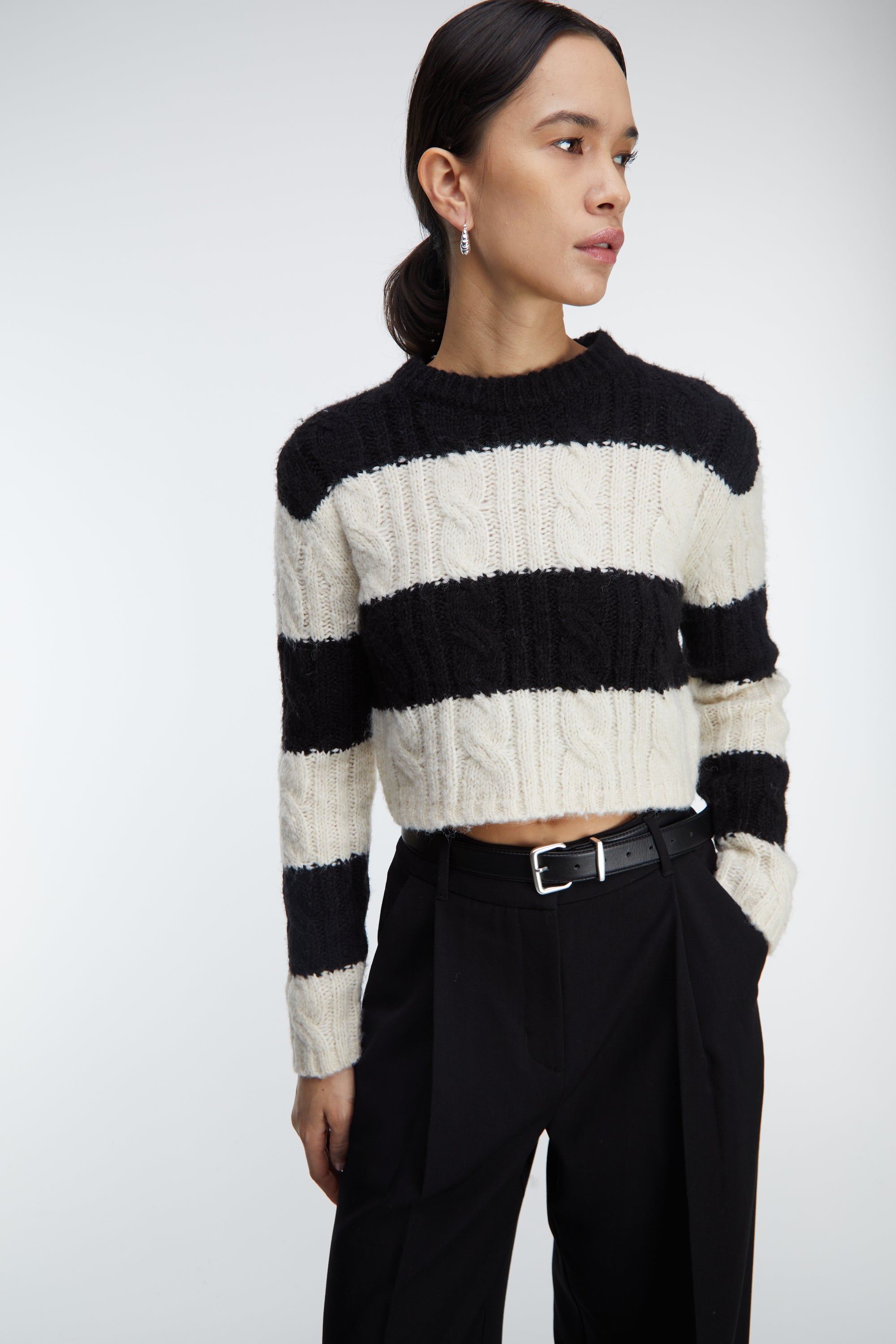 STRIPED CABLE KNIT CROPPED SWEATER Free Shipping Reliable