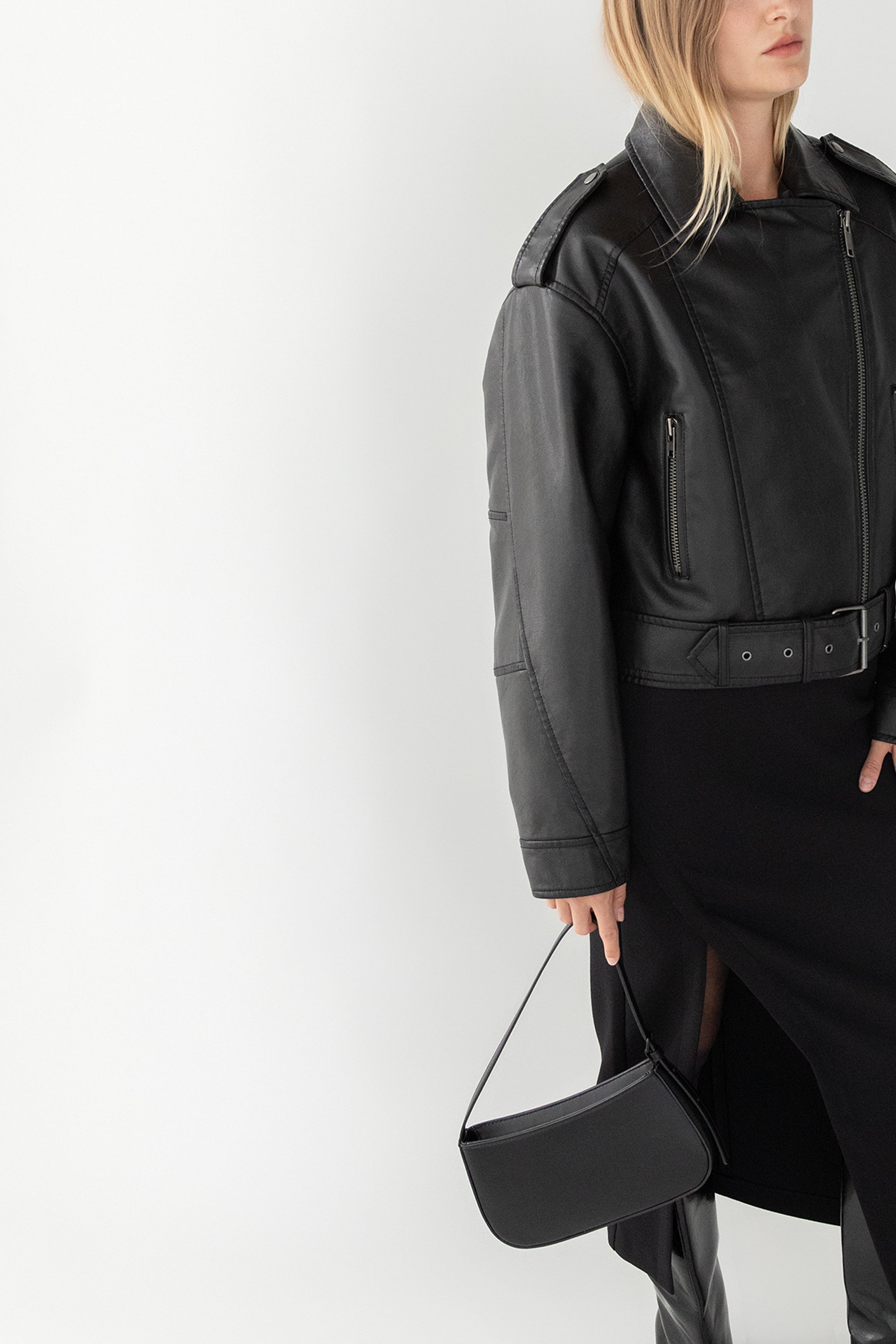 CROPPED VEGAN LEATHER MOTO JACKET With Mastercard