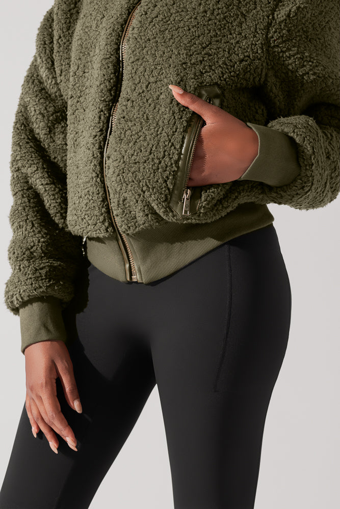 The Kinsley Bomber Jacket in Faux Sherpa - Olive Low Pice For Sale