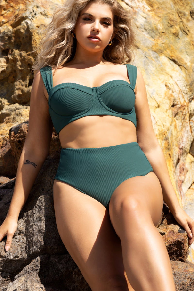 High Tide Cheeky Bikini Bottoms - Green Rib Outlet Finishline