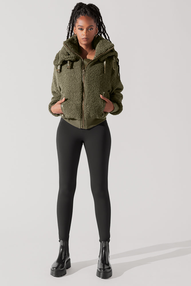 The Kinsley Bomber Jacket in Faux Sherpa - Olive Low Pice For Sale