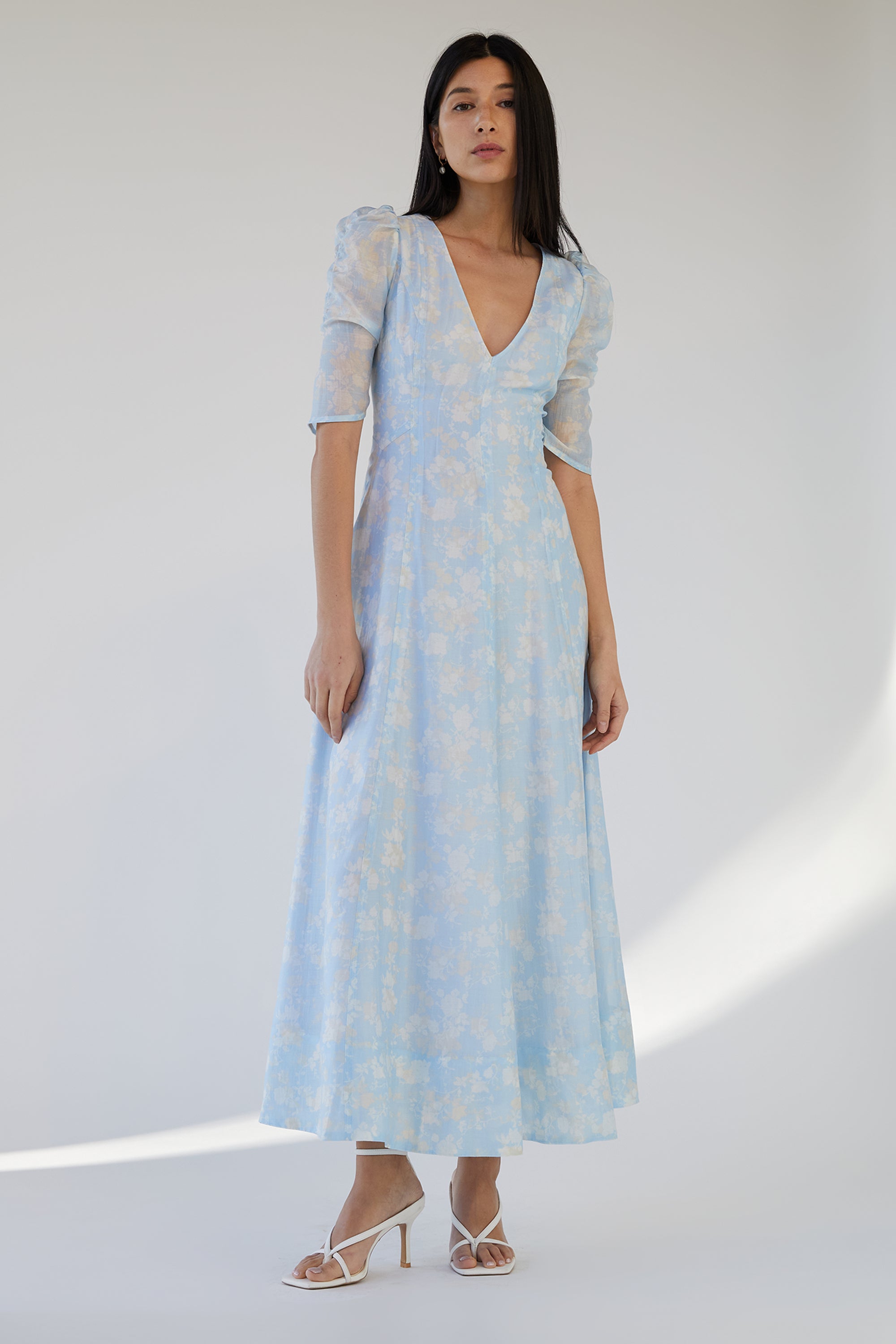 V-NECK PUFF SLEEVE FLORAL MAXI DRESS Sast