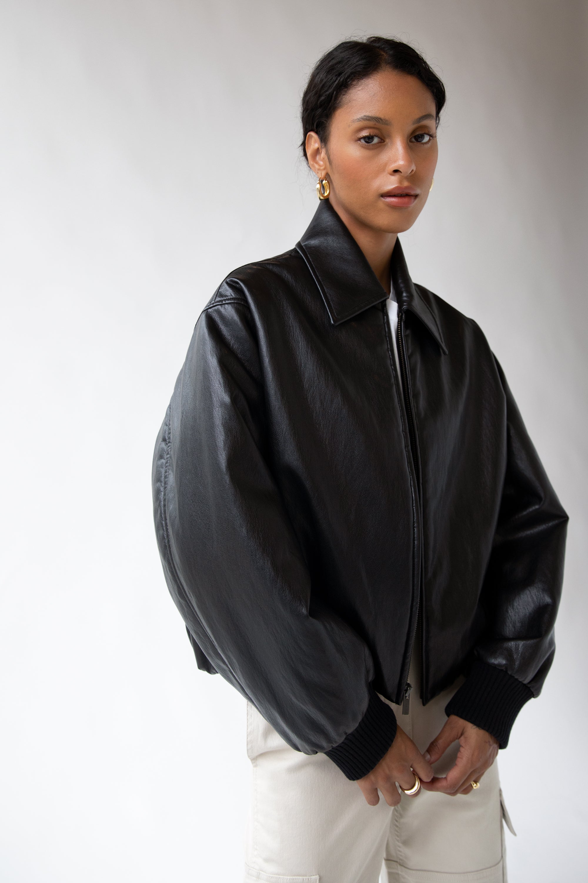 VEGAN LEATHER BUBBLE HEM BOMBER JACKET Tumblr