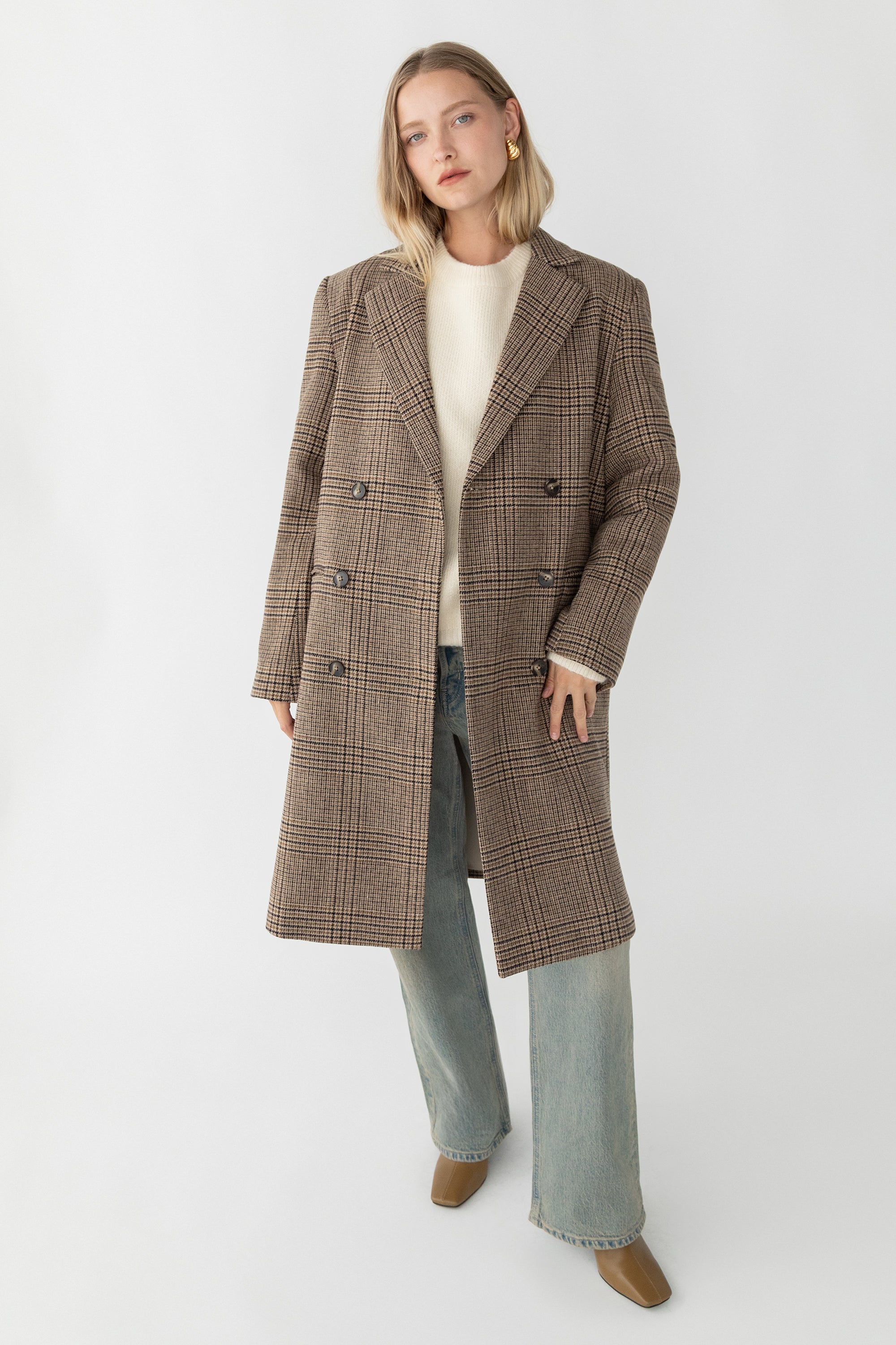 PLAID WOOL BLEND DOUBLE-BREASTED COAT Outlet Good Selling