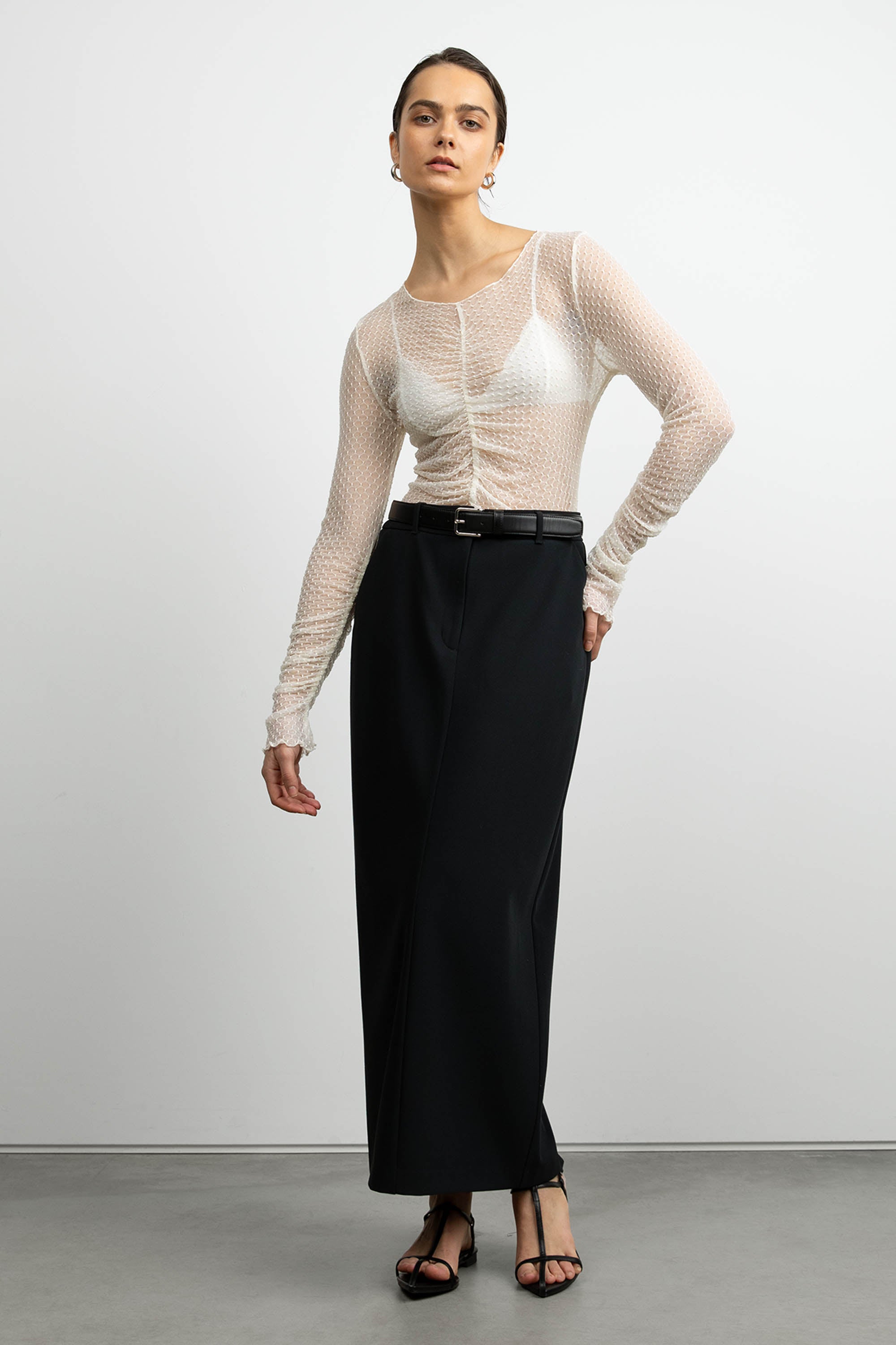 SHEER MESH RUCHED LONG SLEEVE TOP Clearance From China