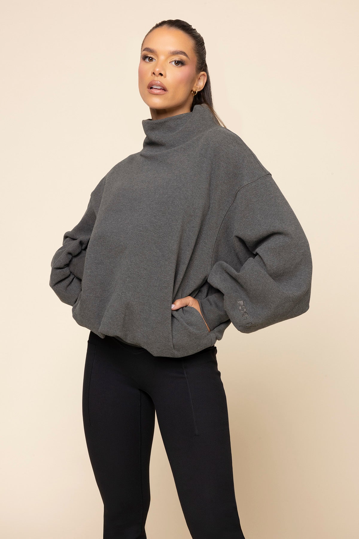 Ooey Gooey Mockneck Sweatshirt with Pockets - Charcoal Heather Shipping Discount Authentic