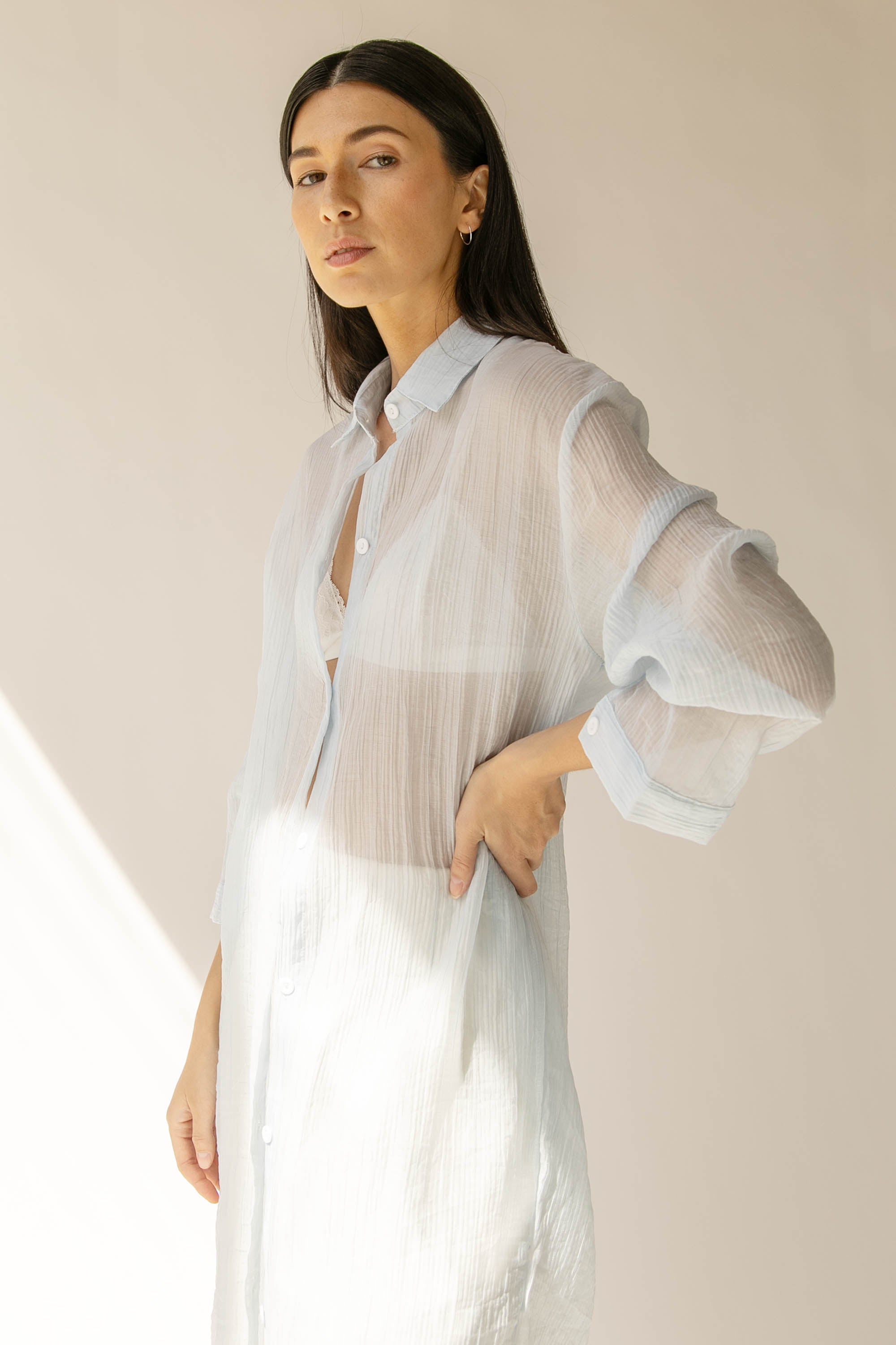 LONG SHEER BUTTON UP SHIRT Cheap Pice Free Shipping