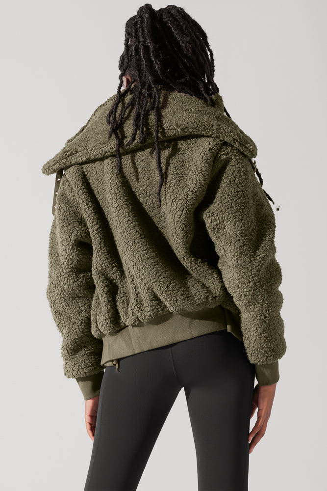 The Kinsley Bomber Jacket in Faux Sherpa - Olive Low Pice For Sale