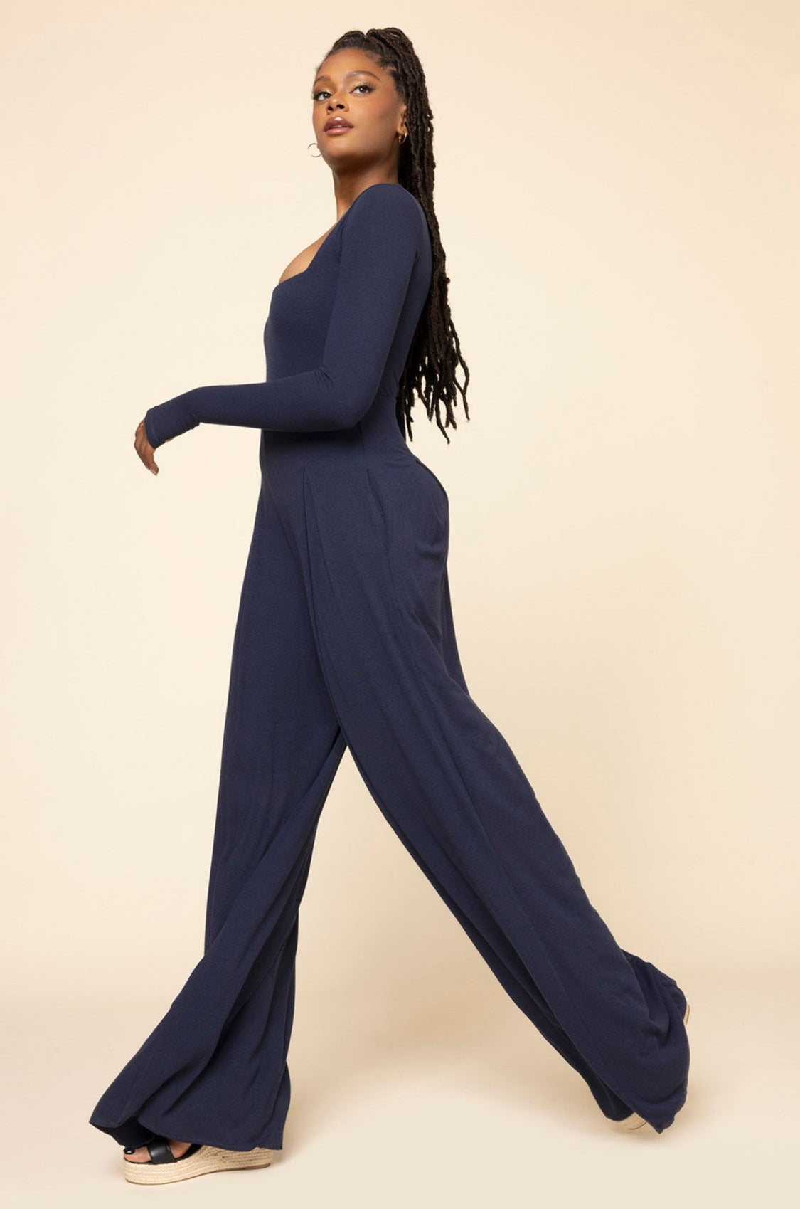 Go With The Flow Long Sleeve Jumpsuit - Cosmic Navy Clearance Largest Supplier