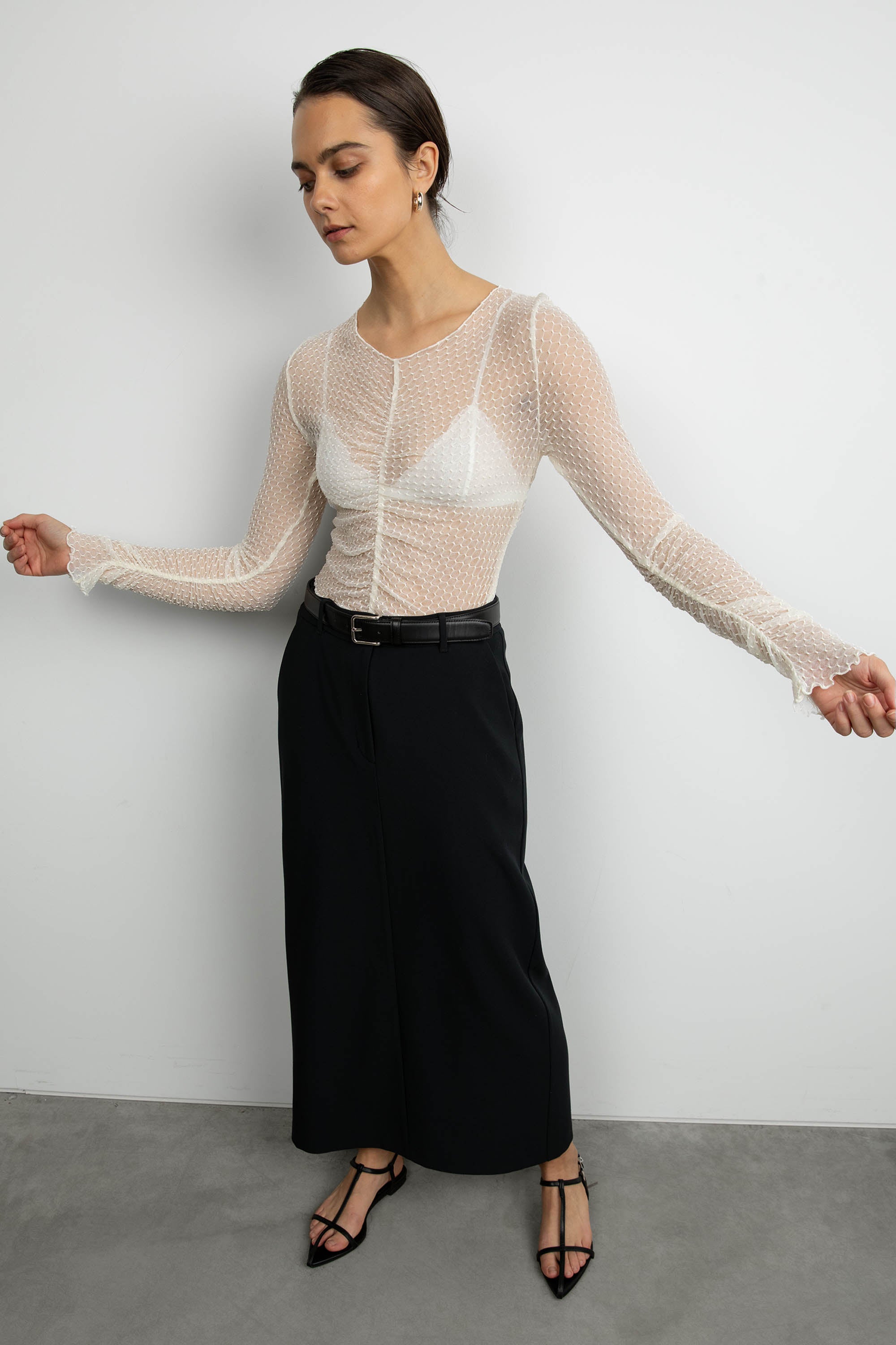 SHEER MESH RUCHED LONG SLEEVE TOP Clearance From China