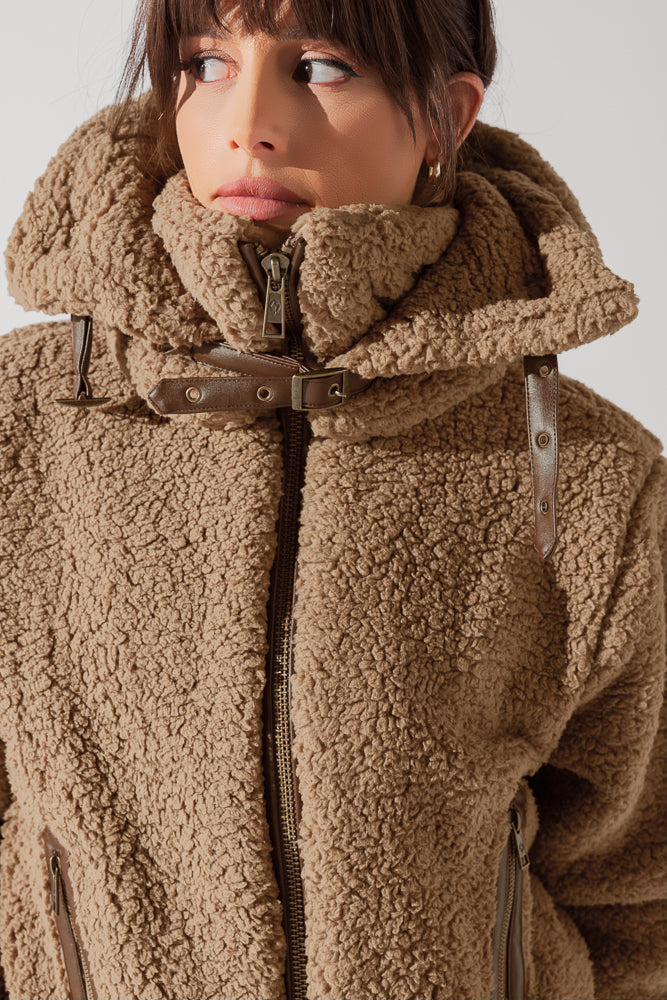 The Kinsley Bomber Jacket in Faux Sherpa - Teddy Bear Brown Sale Browse