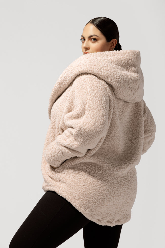 Faux Sherpa Cocoon Coat - Taupe For Sale Sale Online