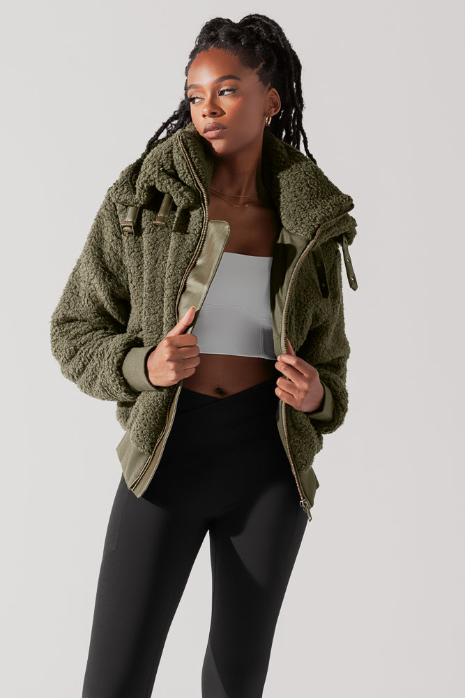 The Kinsley Bomber Jacket in Faux Sherpa - Olive Low Pice For Sale