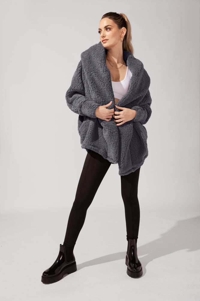 Faux Sherpa Cocoon Coat - Cool Grey Cheap Sale With Paypal