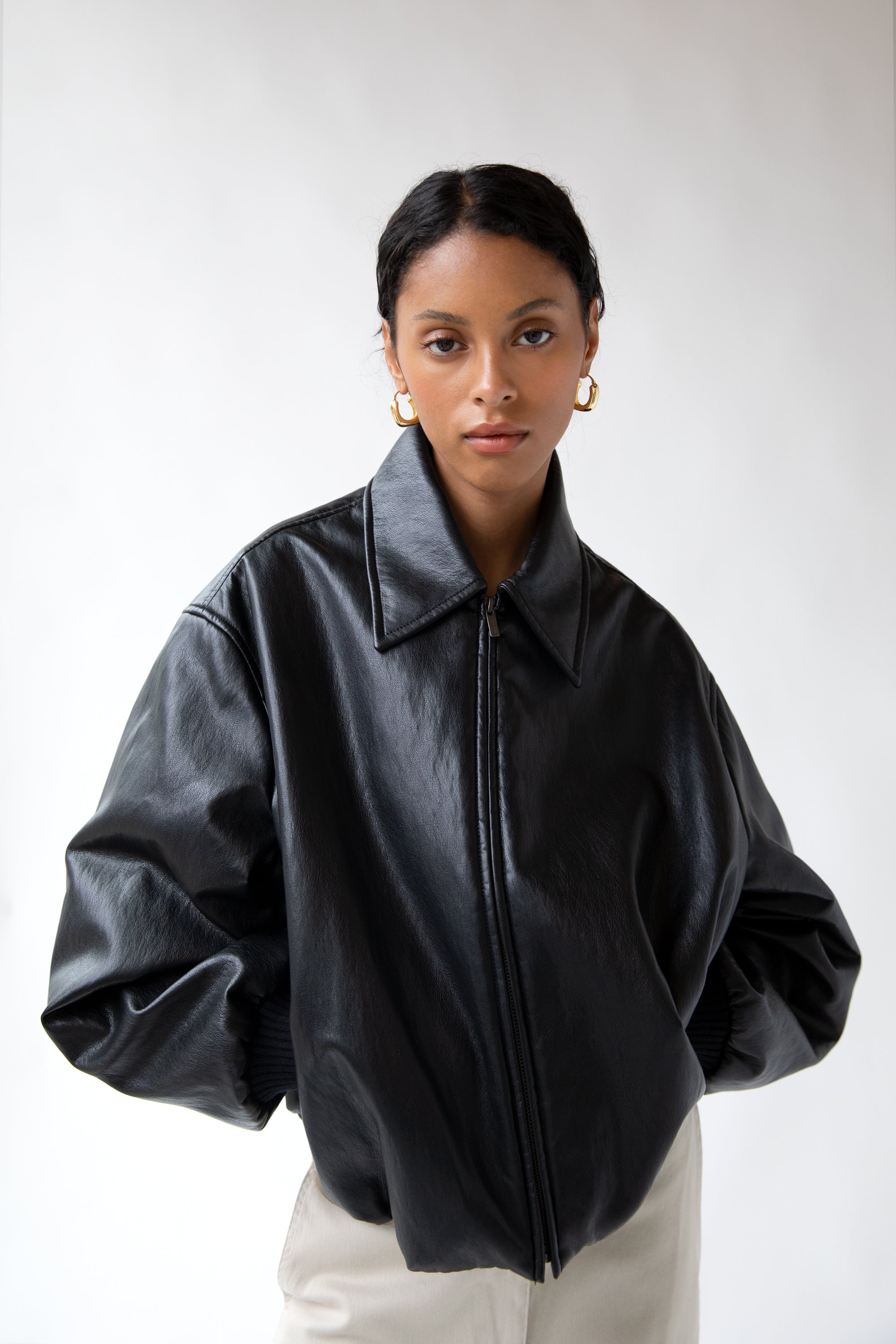 VEGAN LEATHER BUBBLE HEM BOMBER JACKET Tumblr