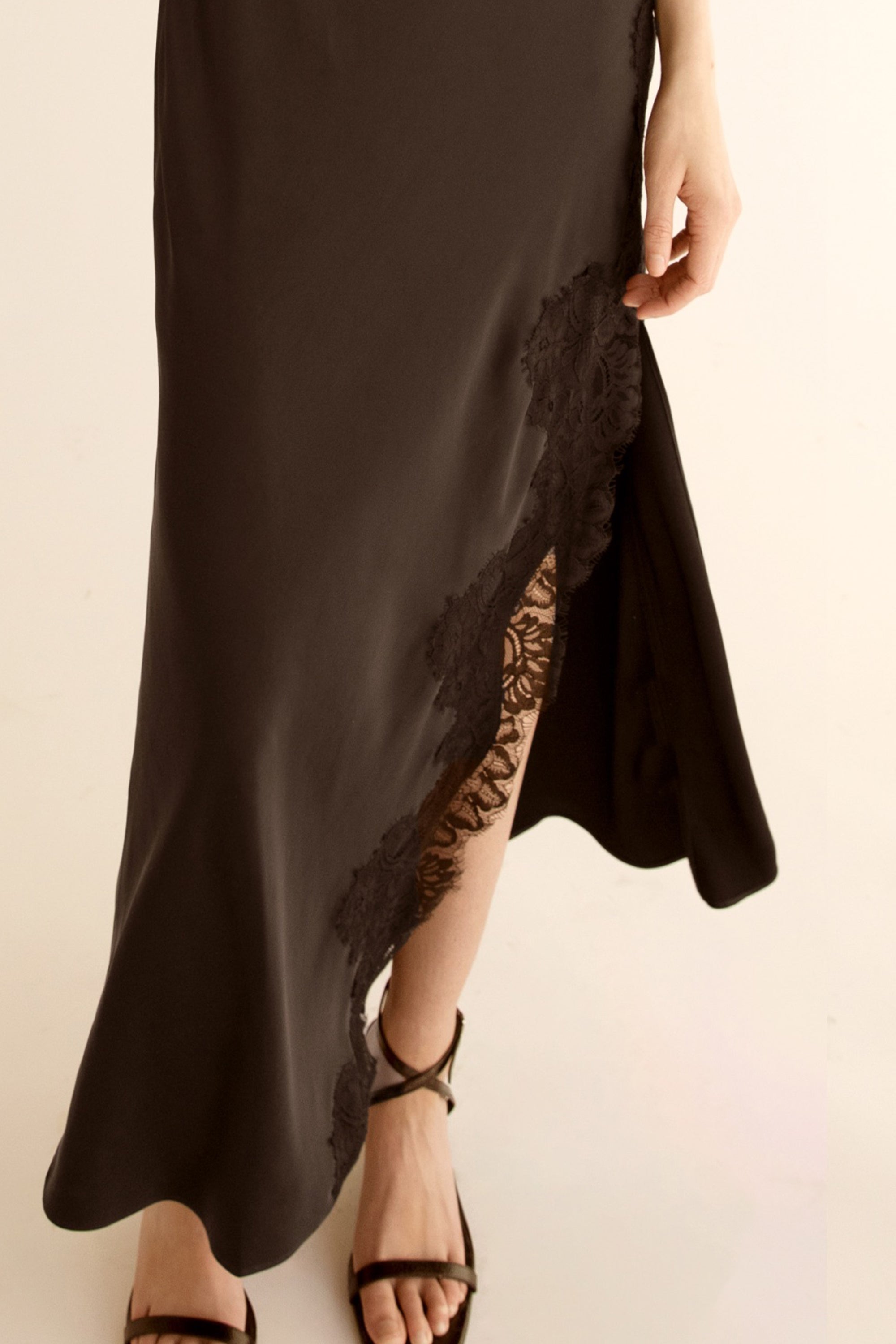 SATIN MAXI DRESS WITH LACE TRIM SLIT Cheap Low Pice