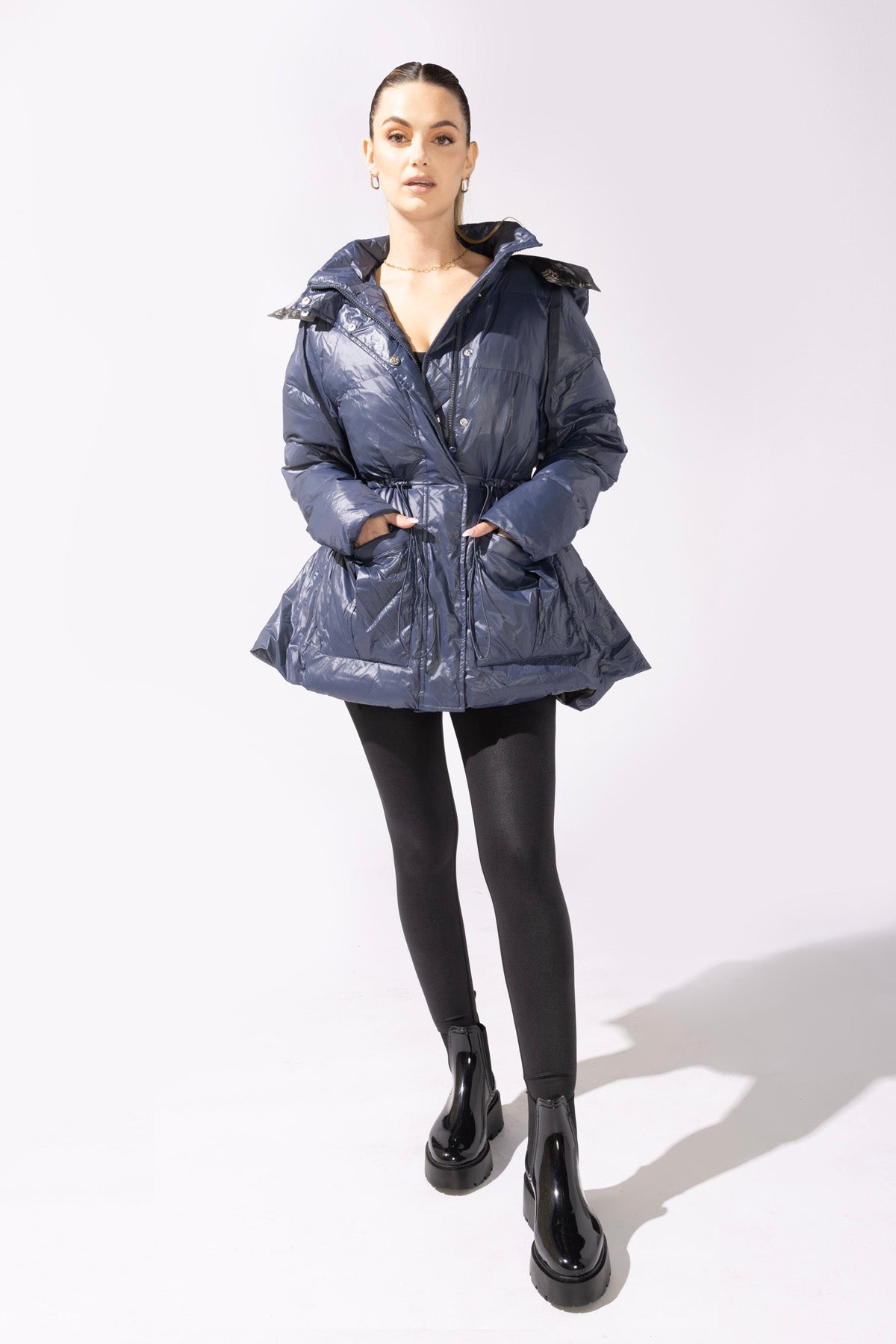 Pearl Peplum Puffer Jacket - Navy Shop Offer Cheap Online