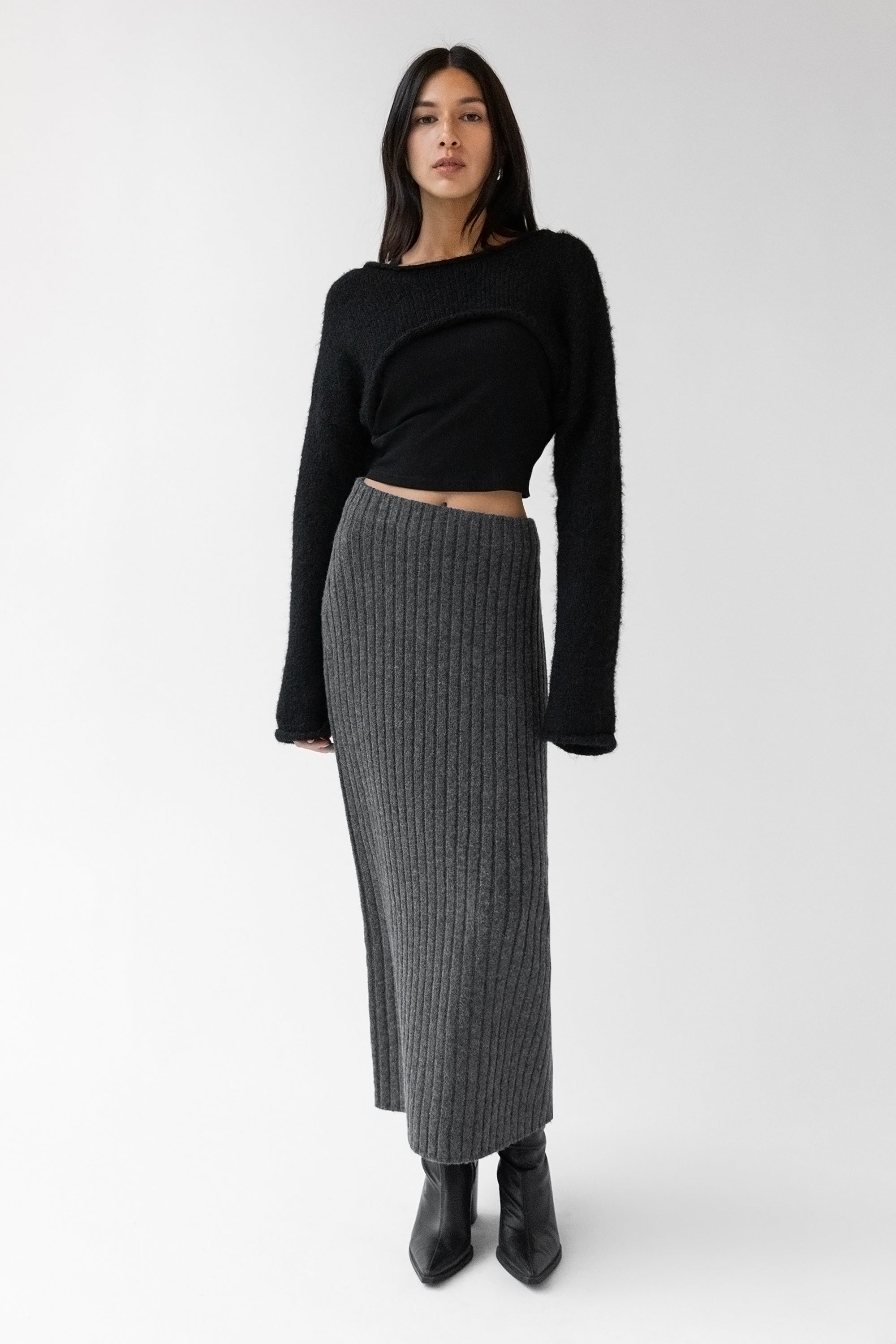 HIGH-RISE RIBBED KNIT MIDI SKIRT Sale 100% Authentic