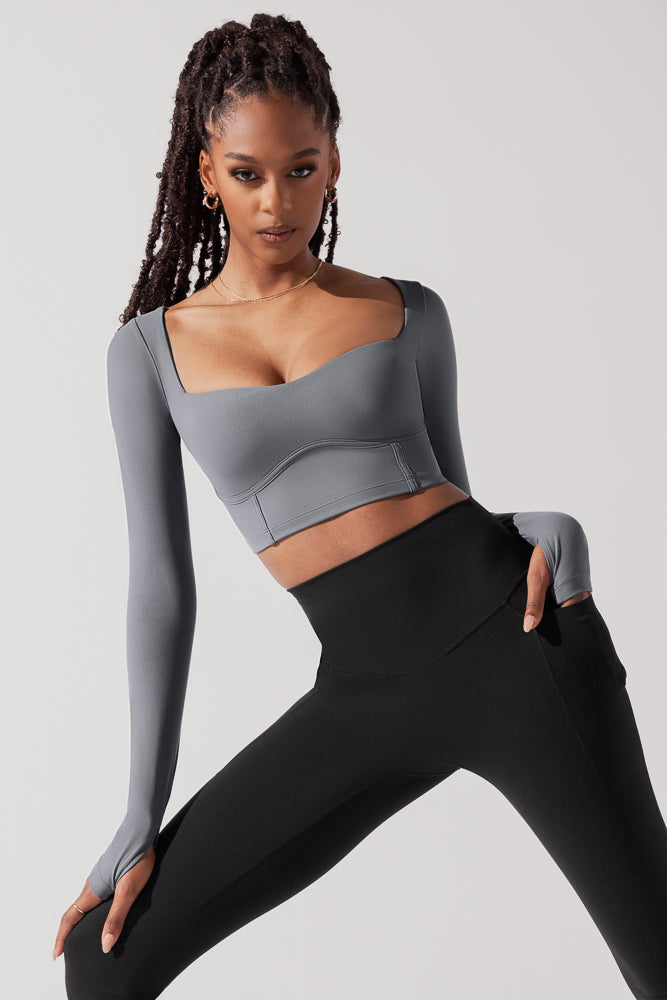 Sweetheart Long Sleeve Crop Top - Cloudy Grey Discount Popular