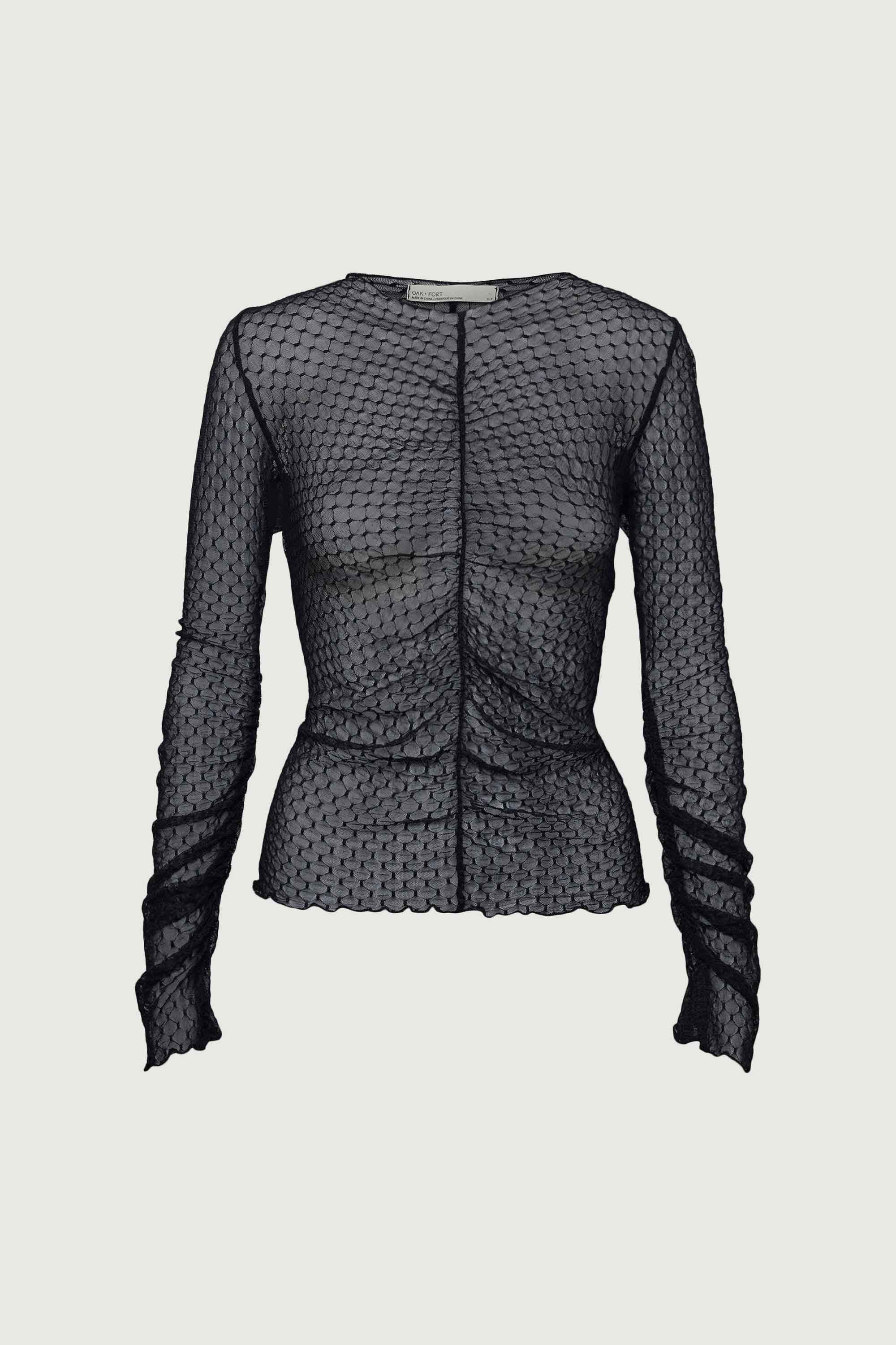 SHEER MESH RUCHED LONG SLEEVE TOP Clearance From China