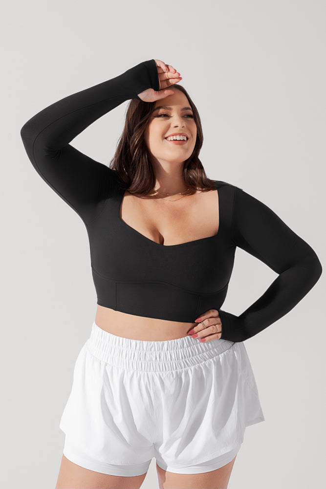 Sweetheart Long Sleeve Crop Top - Black Discount Brand New Unisex