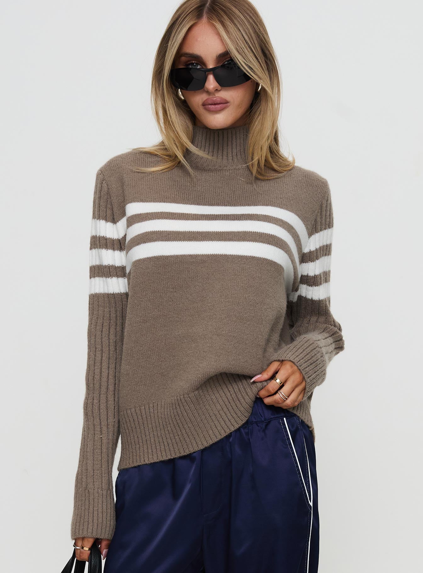 Bessemer Funnel Neck Knit Sweater Mocha Stripe Pay With Paypal For Sale