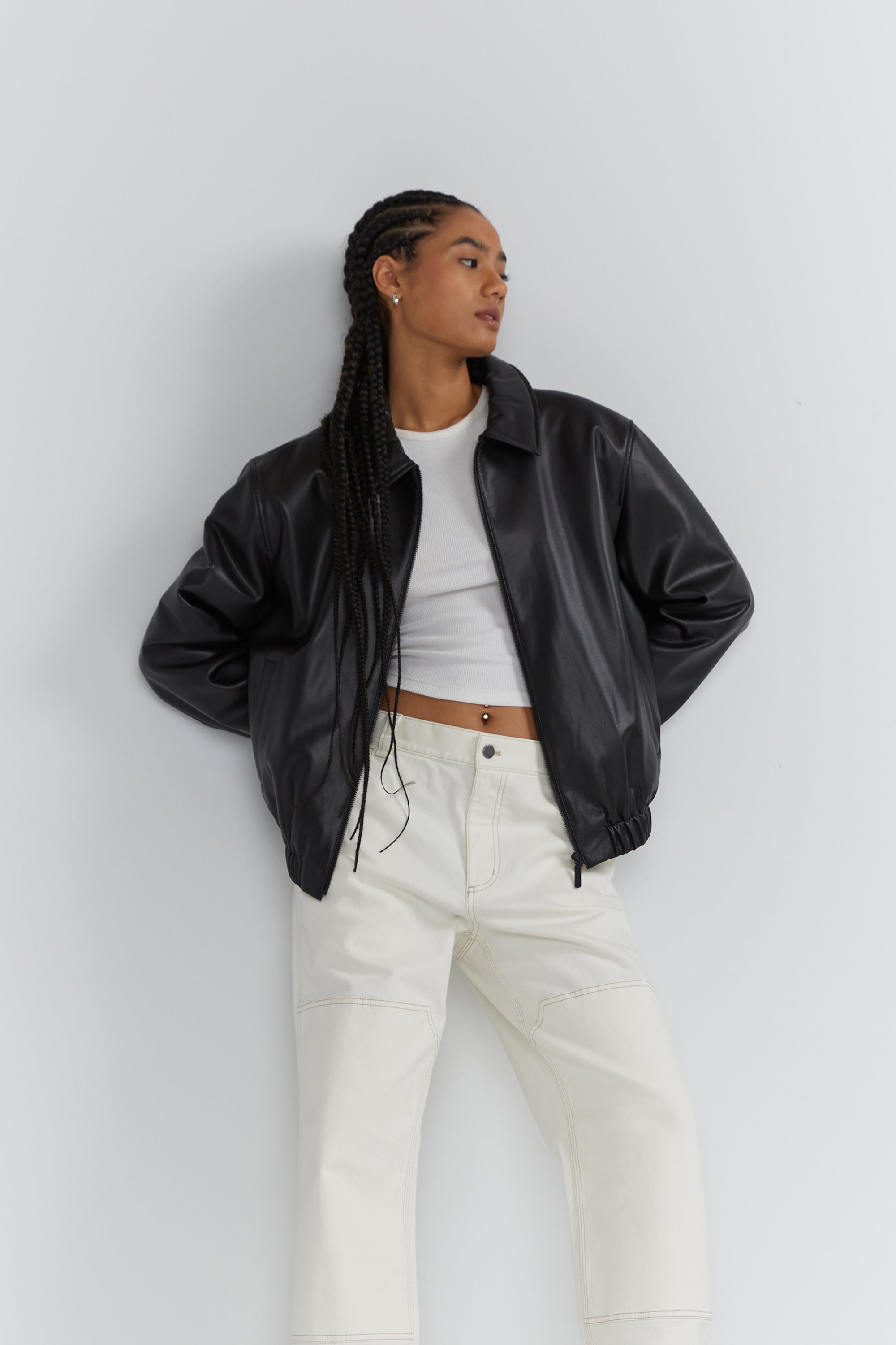 VEGAN LEATHER BOMBER JACKET Clearance Free Shipping