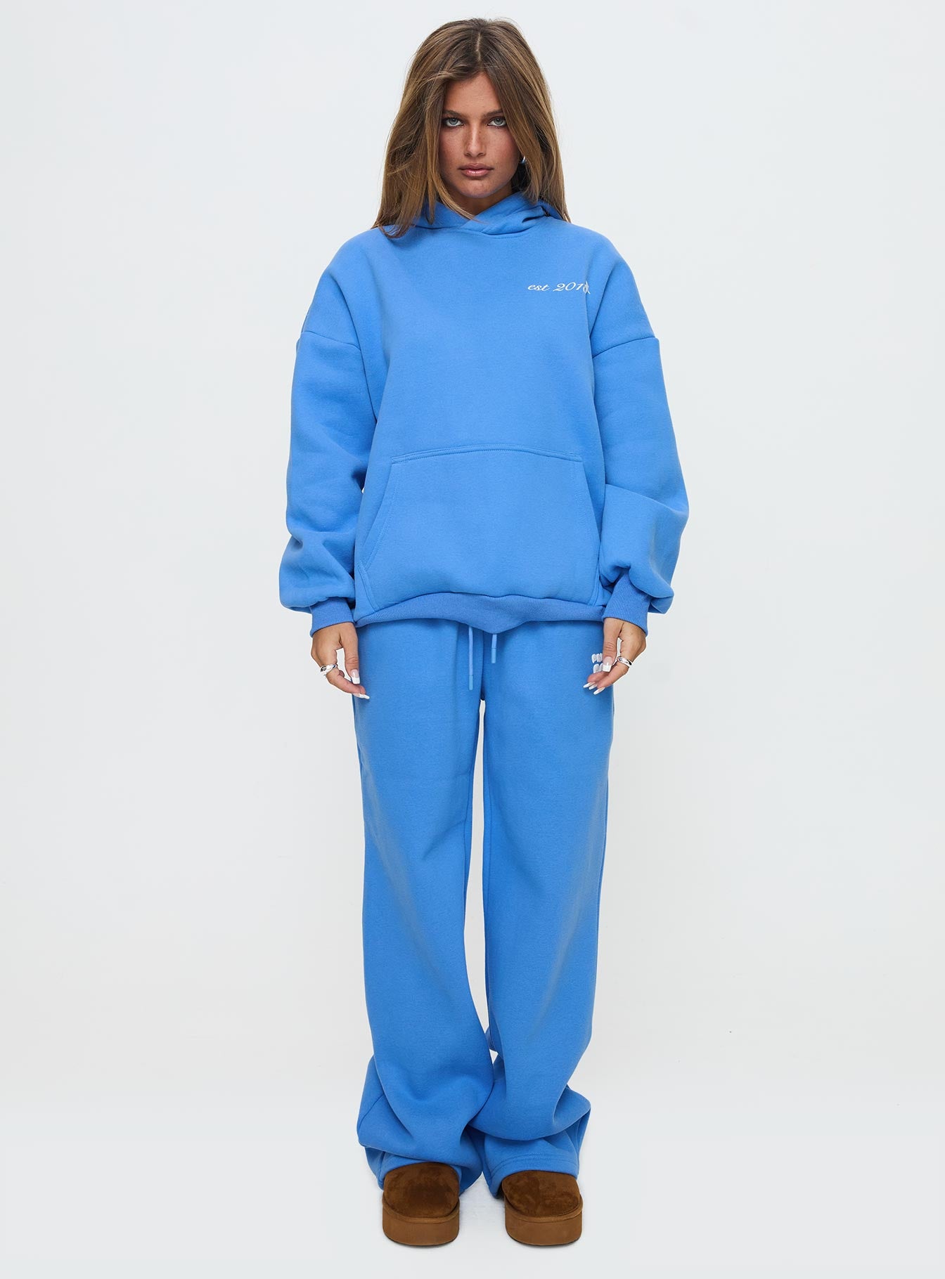 Princess Polly Hooded Sweatshirt Bubble Text Blue / White Pices For Sale