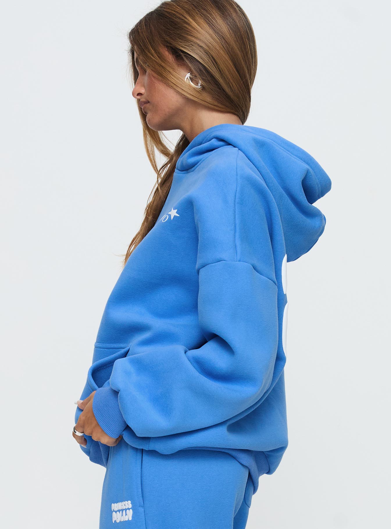 Princess Polly Hooded Sweatshirt Bubble Text Blue / White Pices For Sale